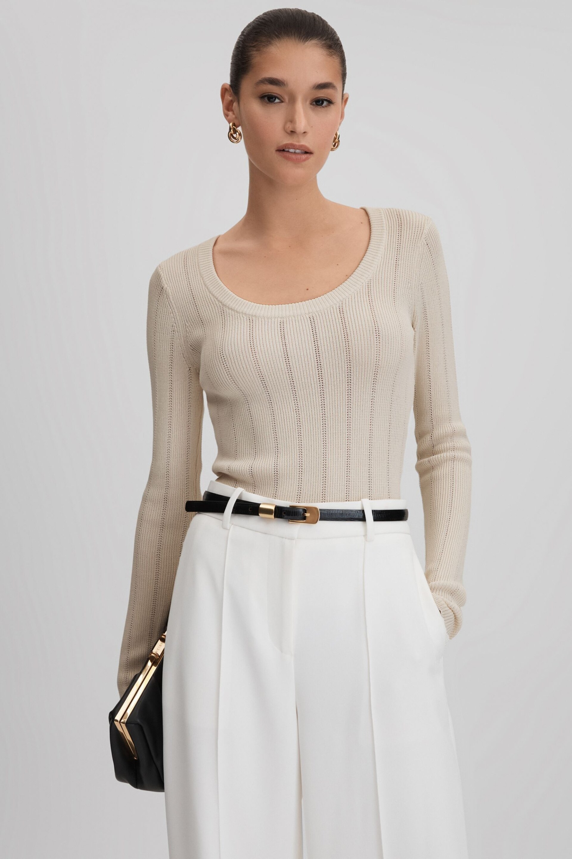 Reiss Cream Sierra Knitted Scoop Neck Top - Image 1 of 7