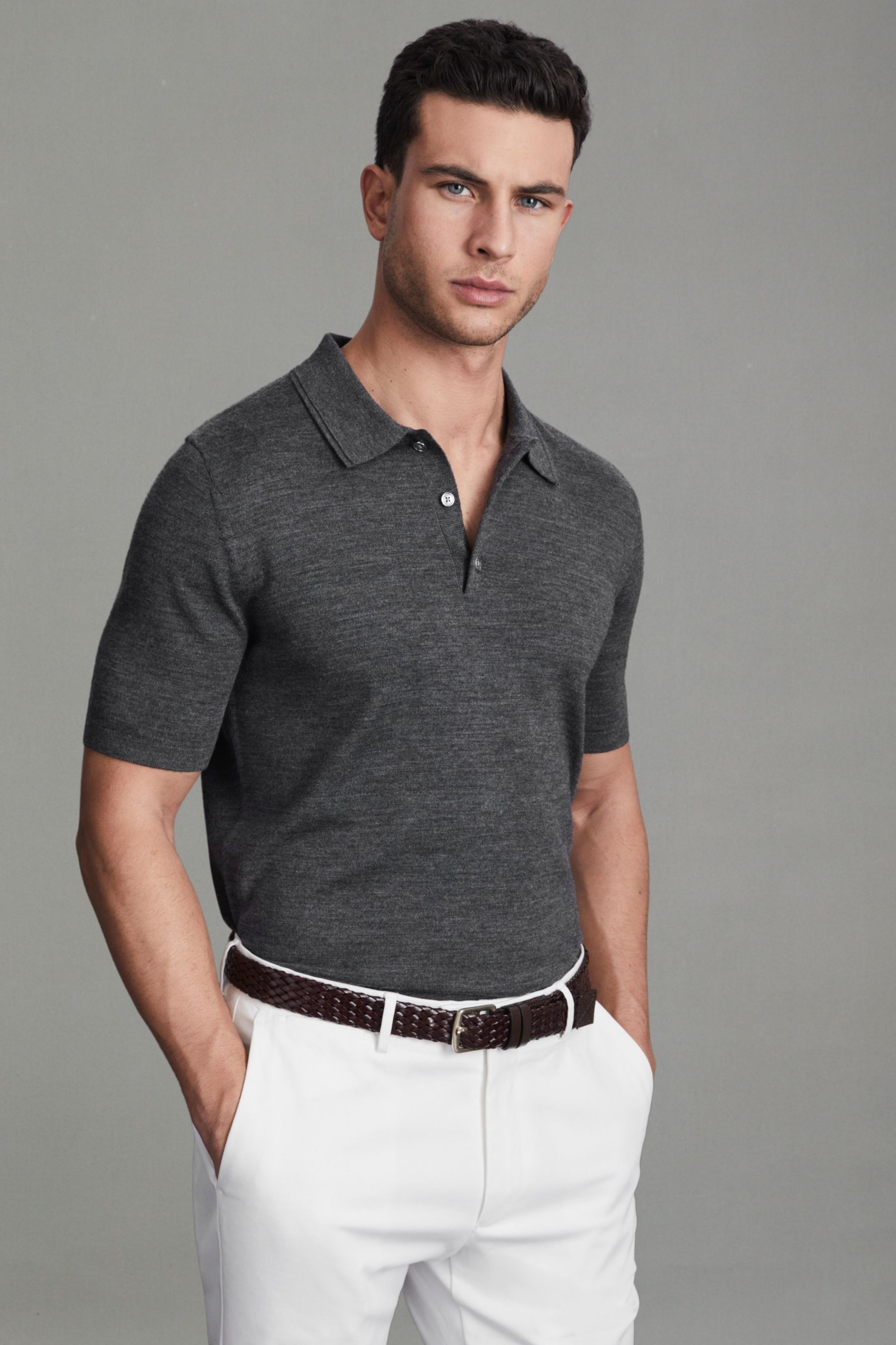 Reiss Derby Grey Marl Manor Slim Fit Merino Wool Polo Shirt - Image 1 of 6