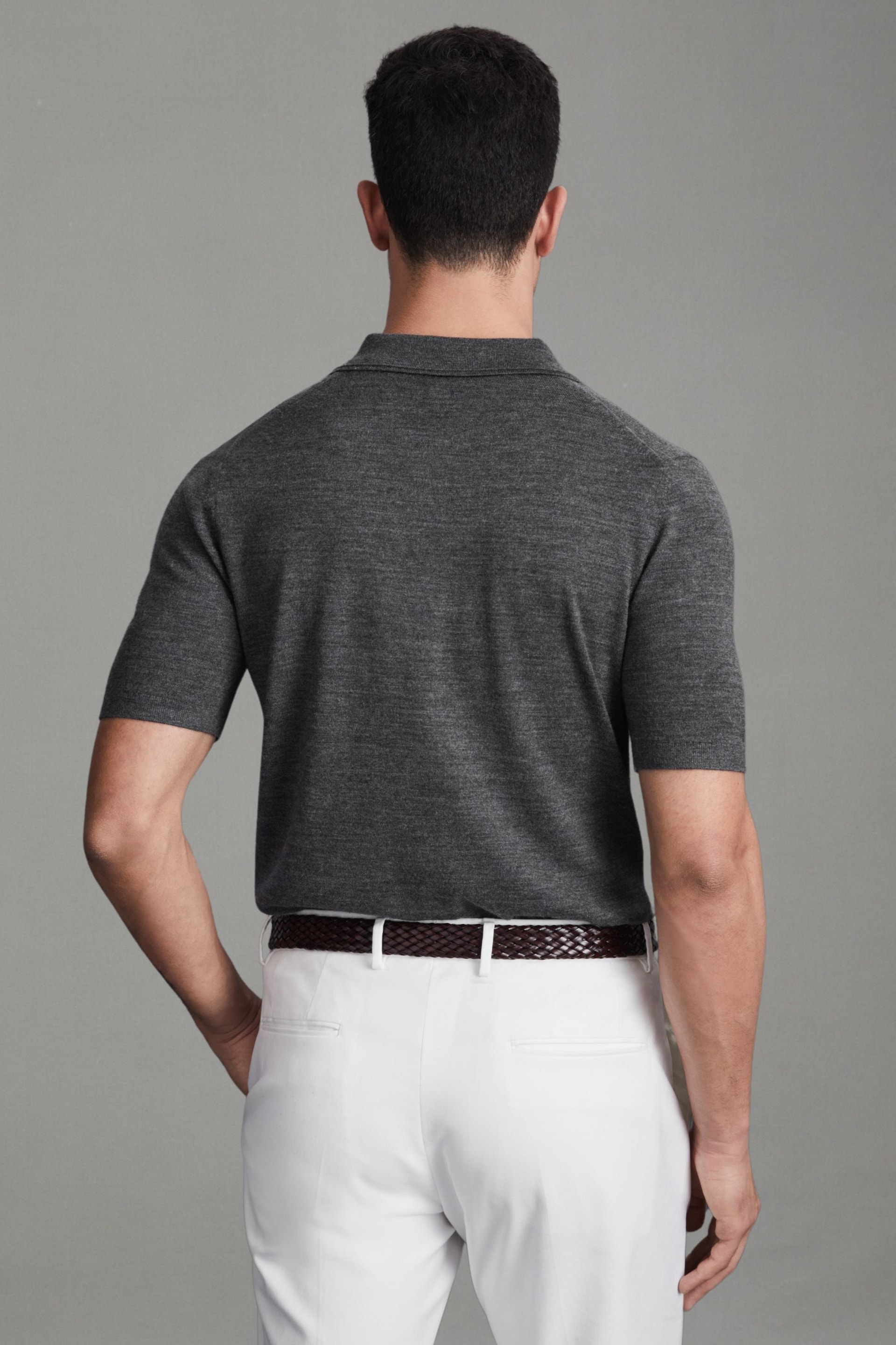 Reiss Derby Grey Marl Manor Slim Fit Merino Wool Polo Shirt - Image 5 of 6