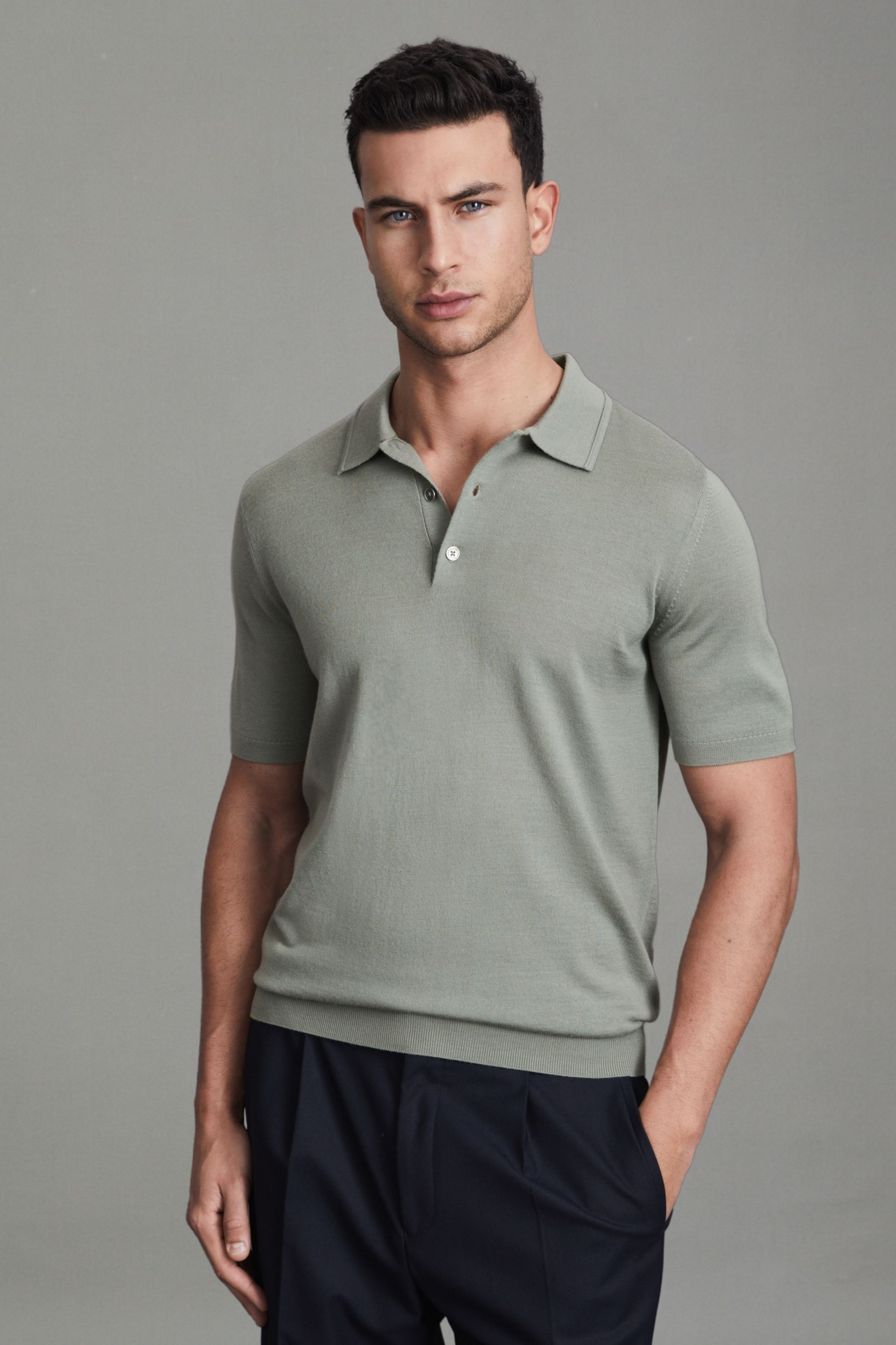 Reiss Pistachio Manor Slim Fit Merino Wool Polo Shirt - Image 1 of 5