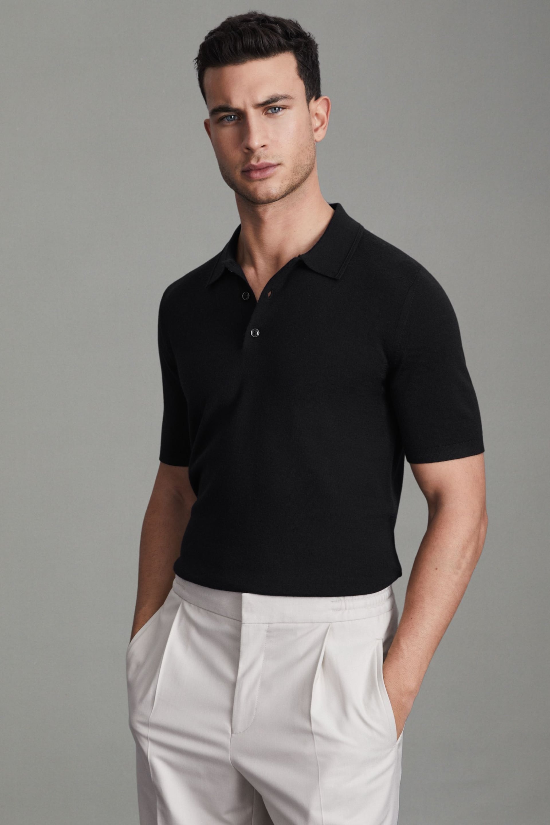 Reiss Navy Manor Slim Fit Merino Wool Polo Shirt - Image 1 of 5