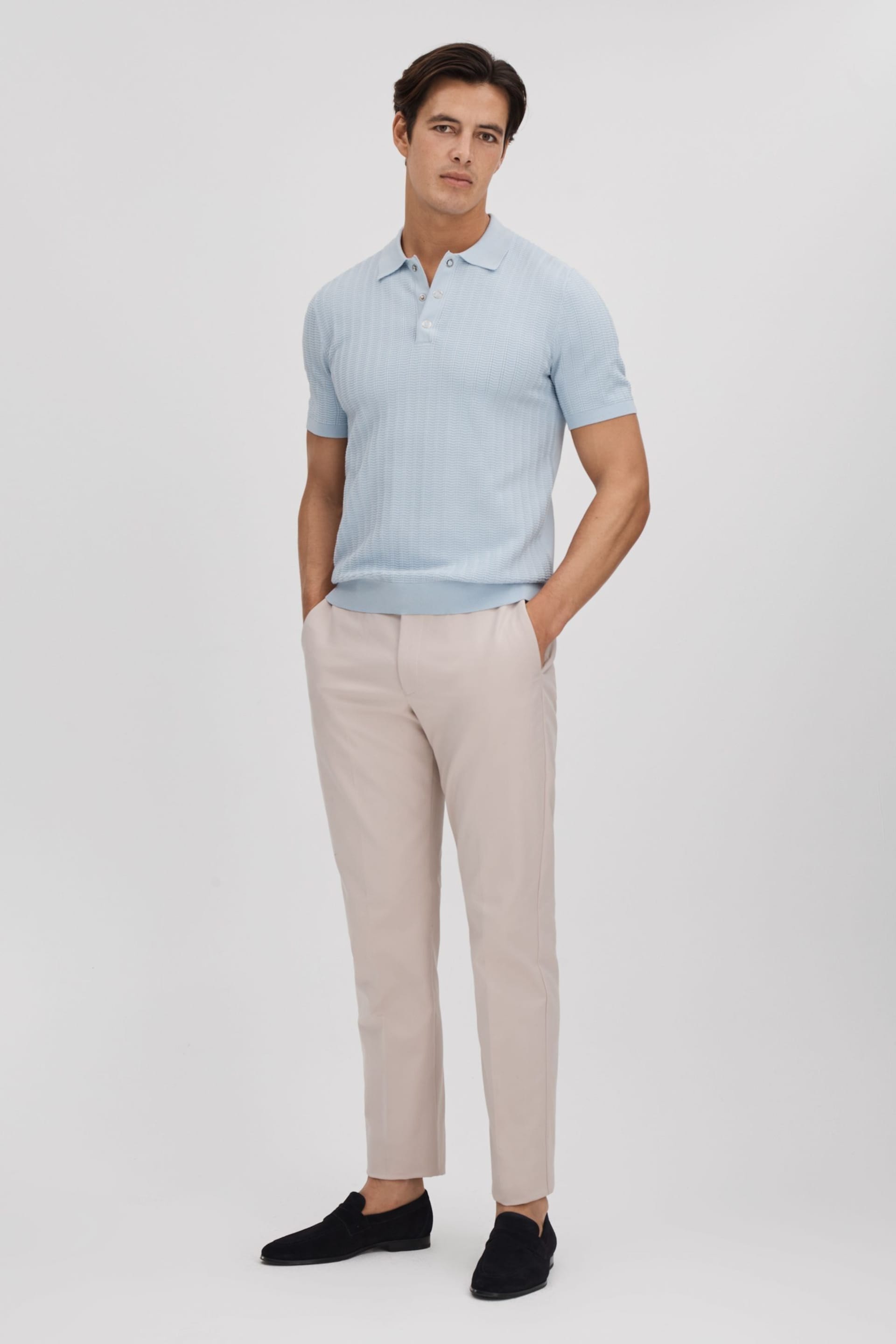 Reiss Soft Blue Pascoe Textured Modal Blend Polo Shirt - Image 3 of 7
