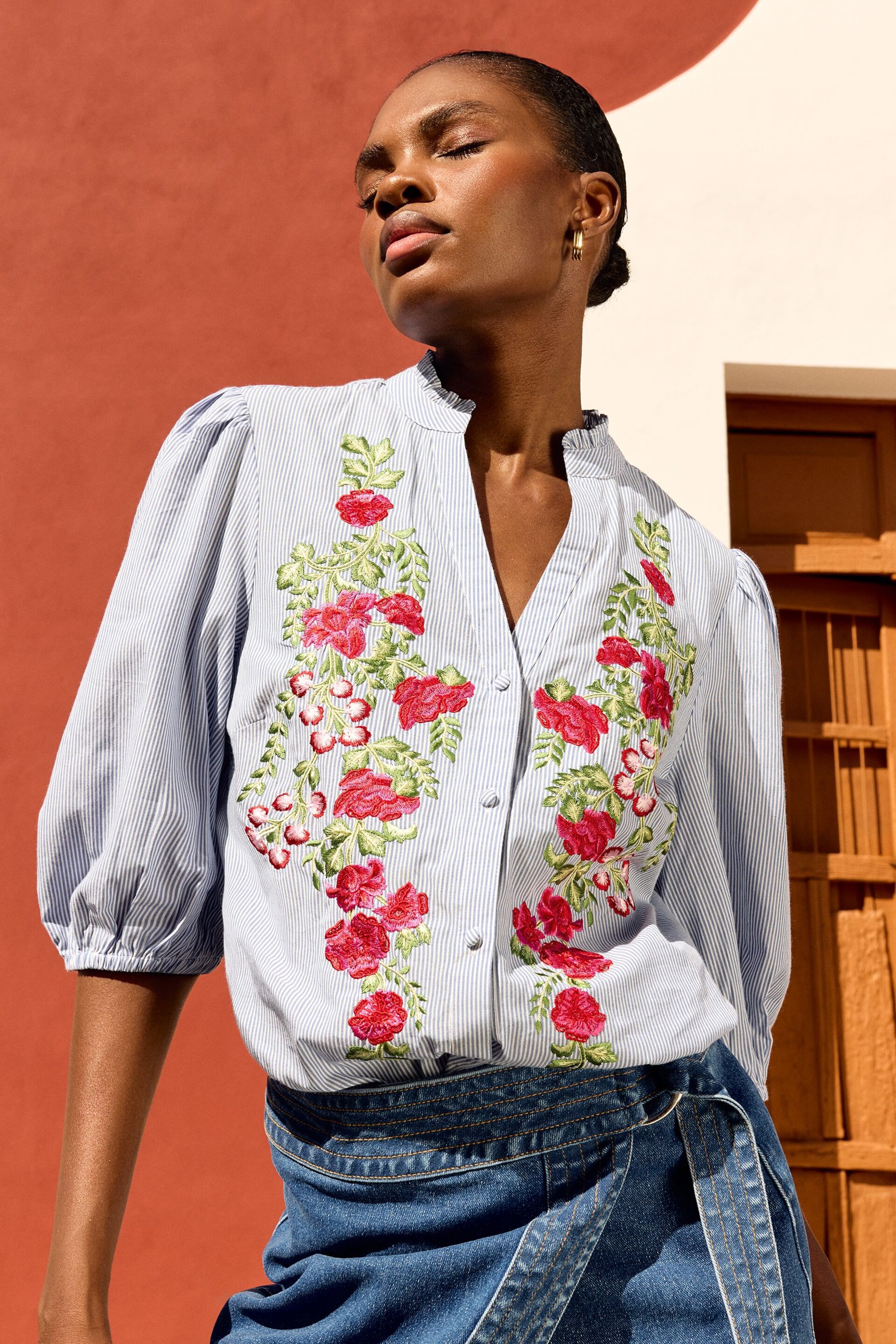 Love & Roses Stripe Embroidery Petite Ruffle V Neck 3/4 Sleeve Button Up Blouse - Image 1 of 4