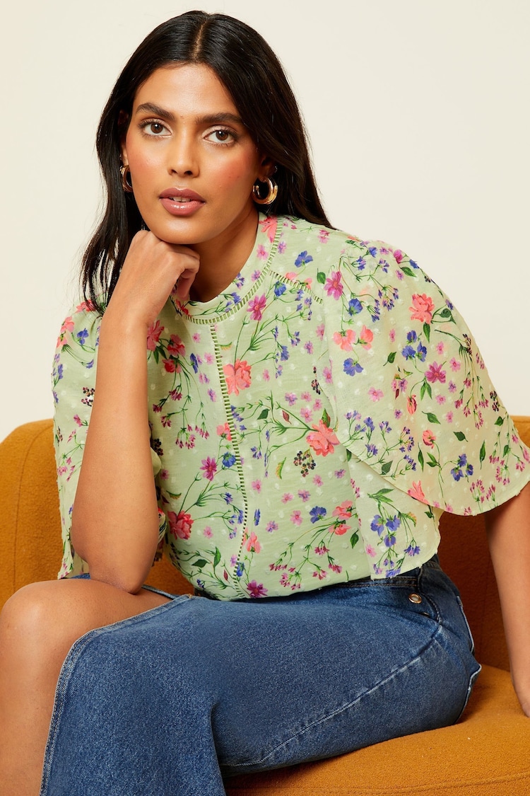 Love & Roses Green Petite Floral Printed Dobby Flutter Sleeve Blouse - Image 2 of 4