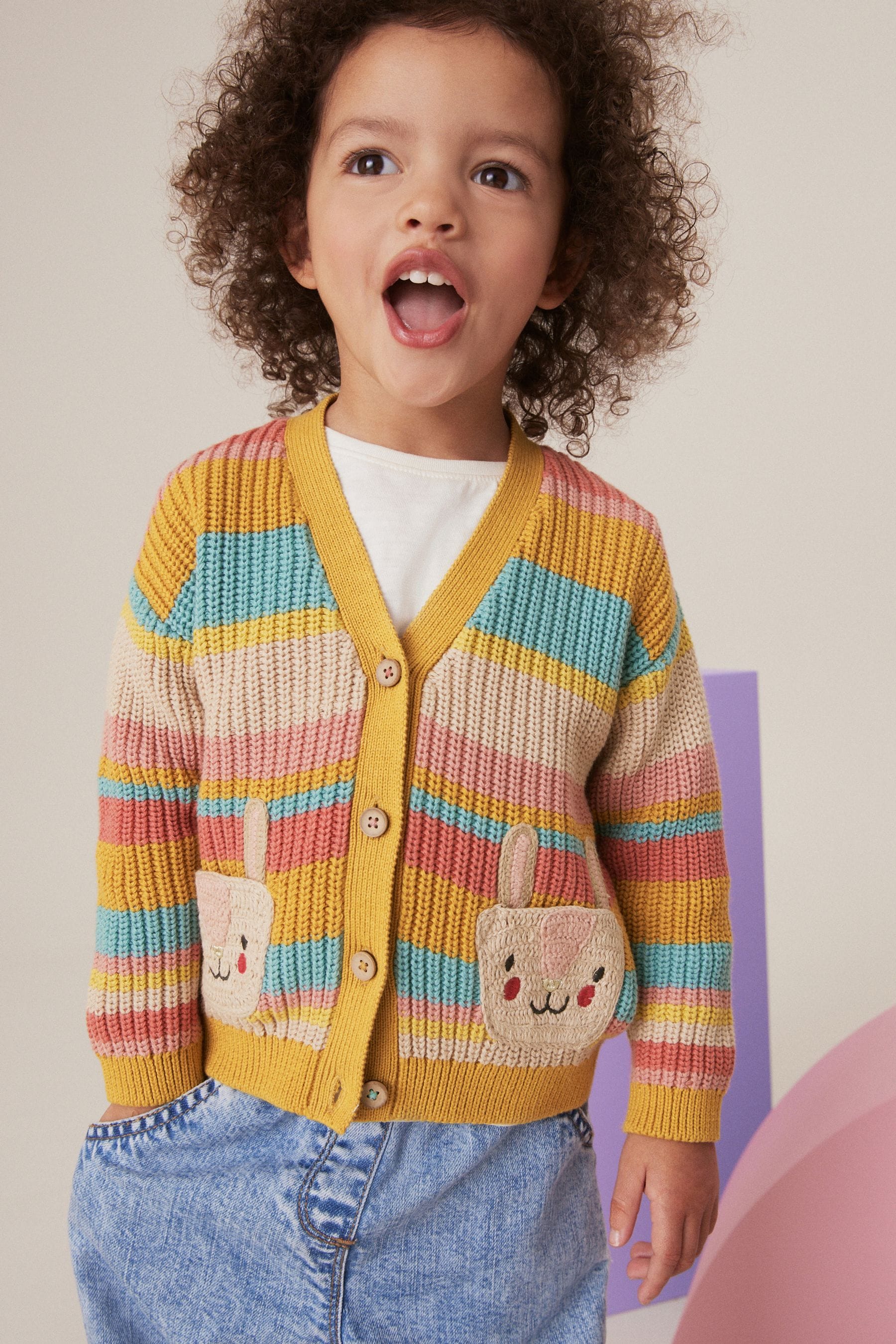 Rainbow 100 Cotton Stripe Bunny Cardigan 3mths 7yrs