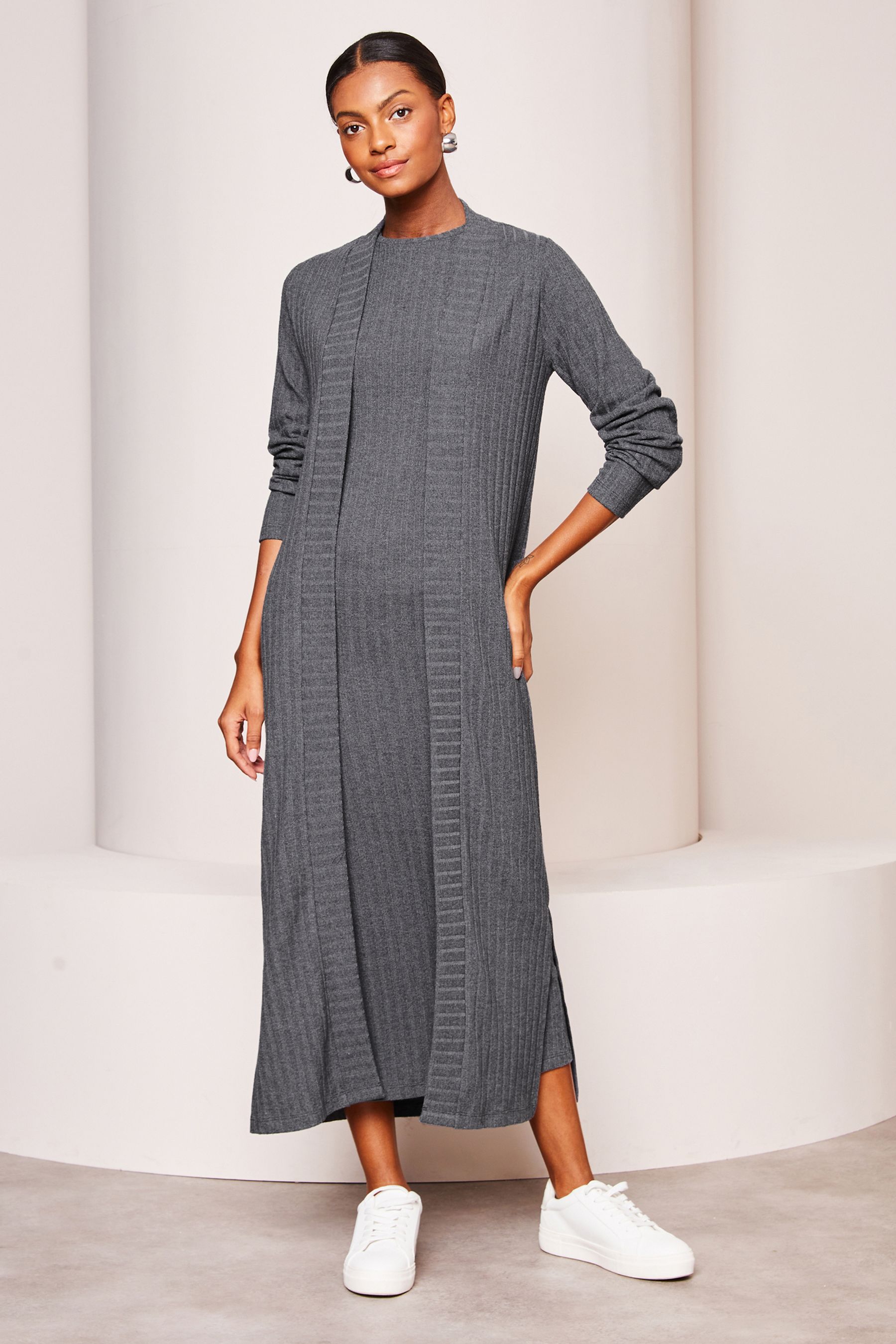 Buy Lipsy Grey Long Sleeve Ribbed Cosy Longline Cardigan from Next Luxembourg
