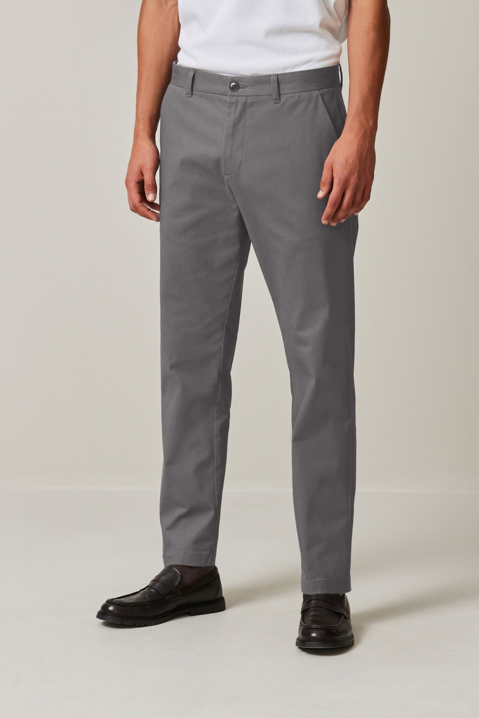 Charcoal Grey Slim Fit Stretch Printed Soft Touch Chino Trousers - Image 1 of 9