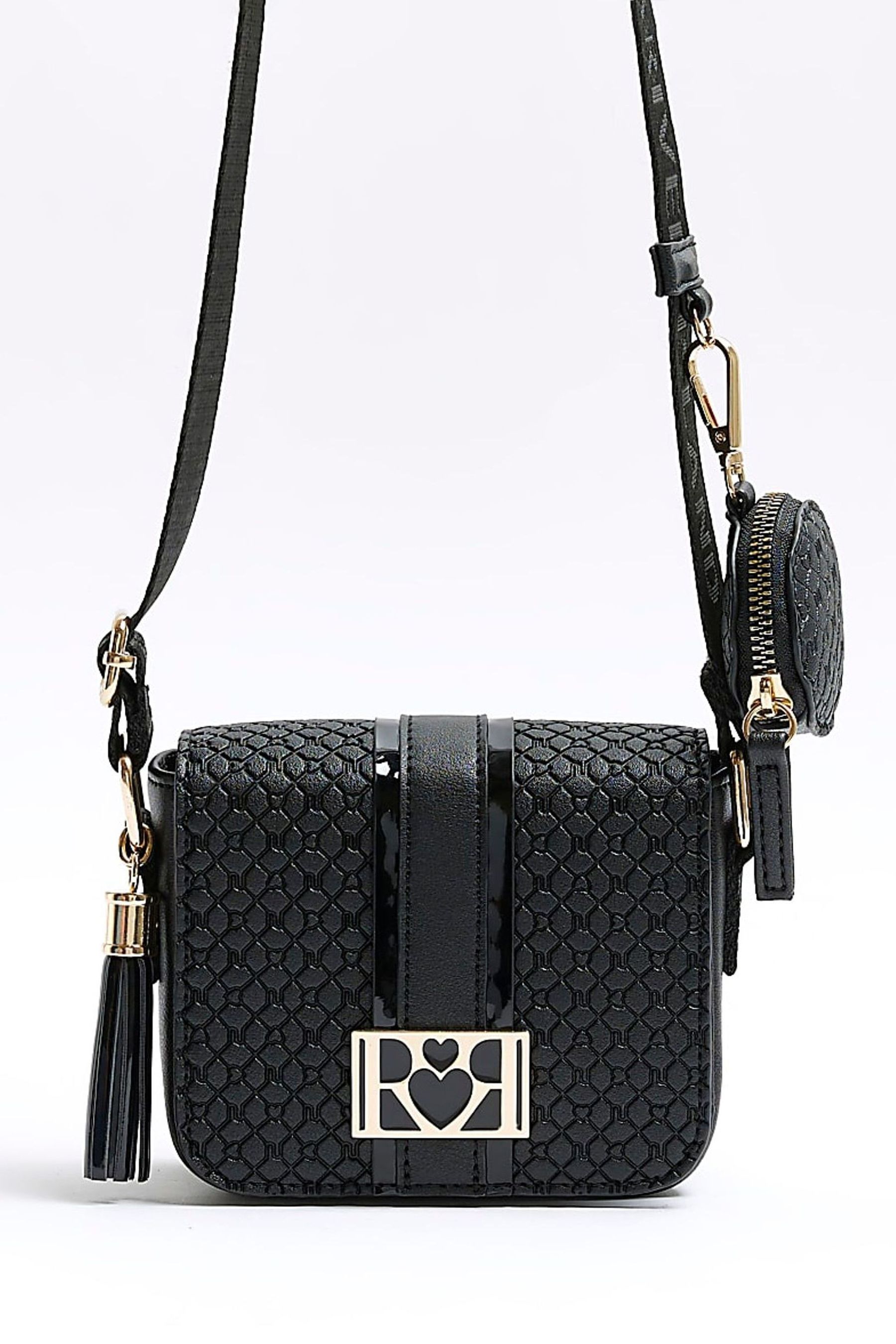 River Island Black Girls Embossed Monogram X body Bag