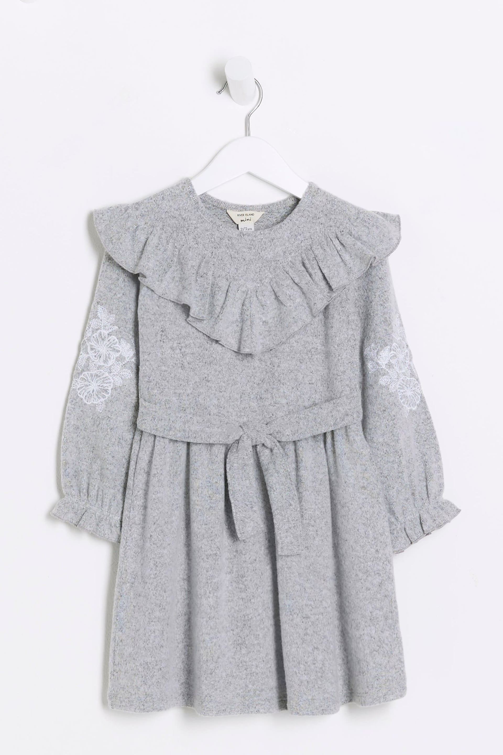 River Island Grey Mini Girls Cosy Embroidery Dress - Image 1 of 4