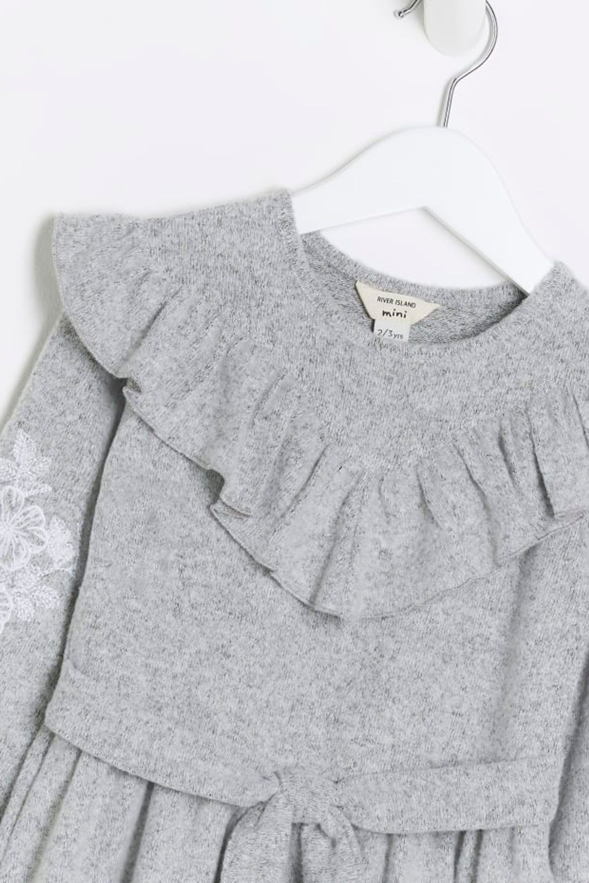 River Island Grey Mini Girls Cosy Embroidery Dress - Image 3 of 4