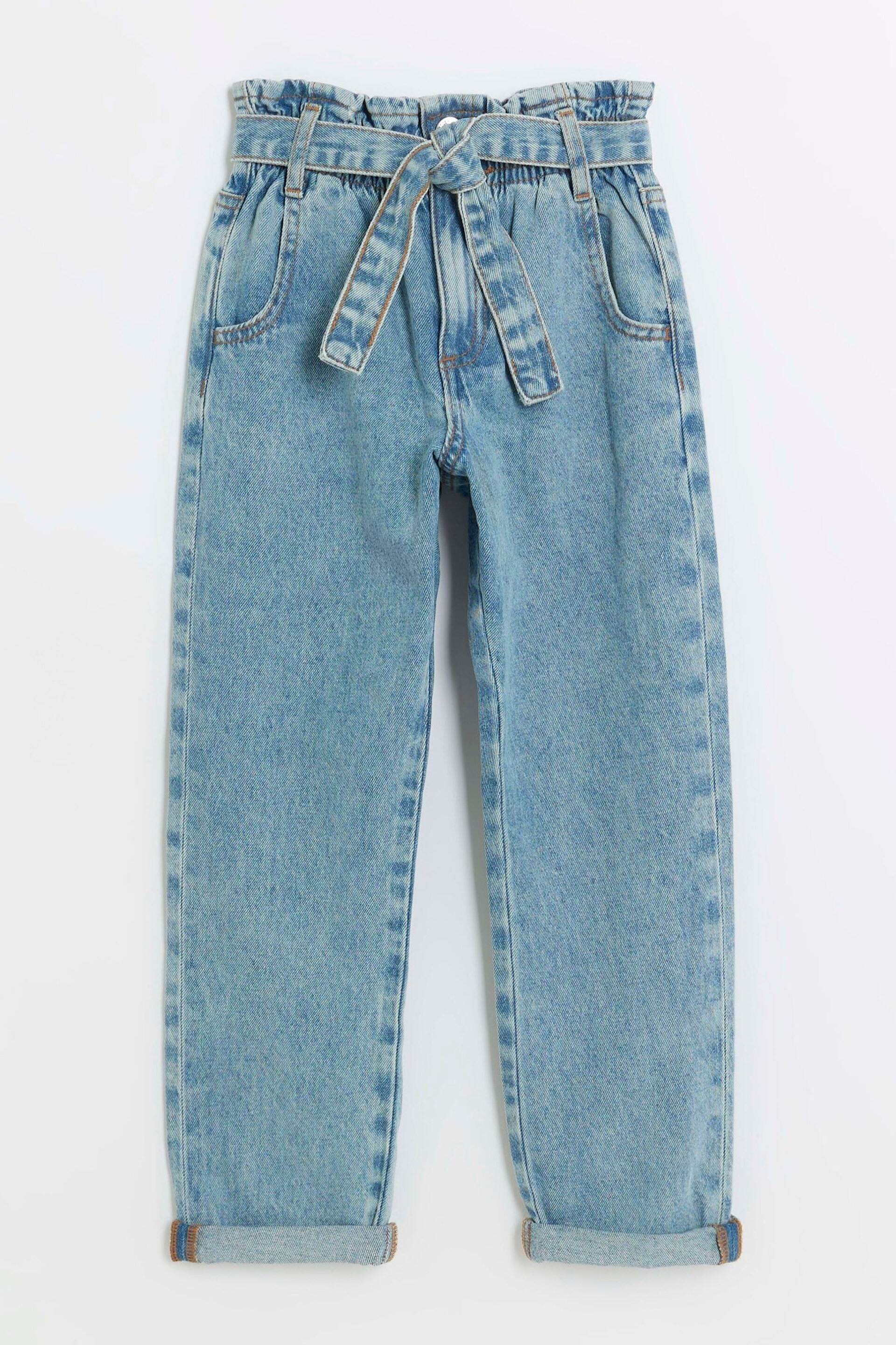 River Island Blue Girls Denim Shirred Waistband Paperbag Jeans - Image 1 of 4