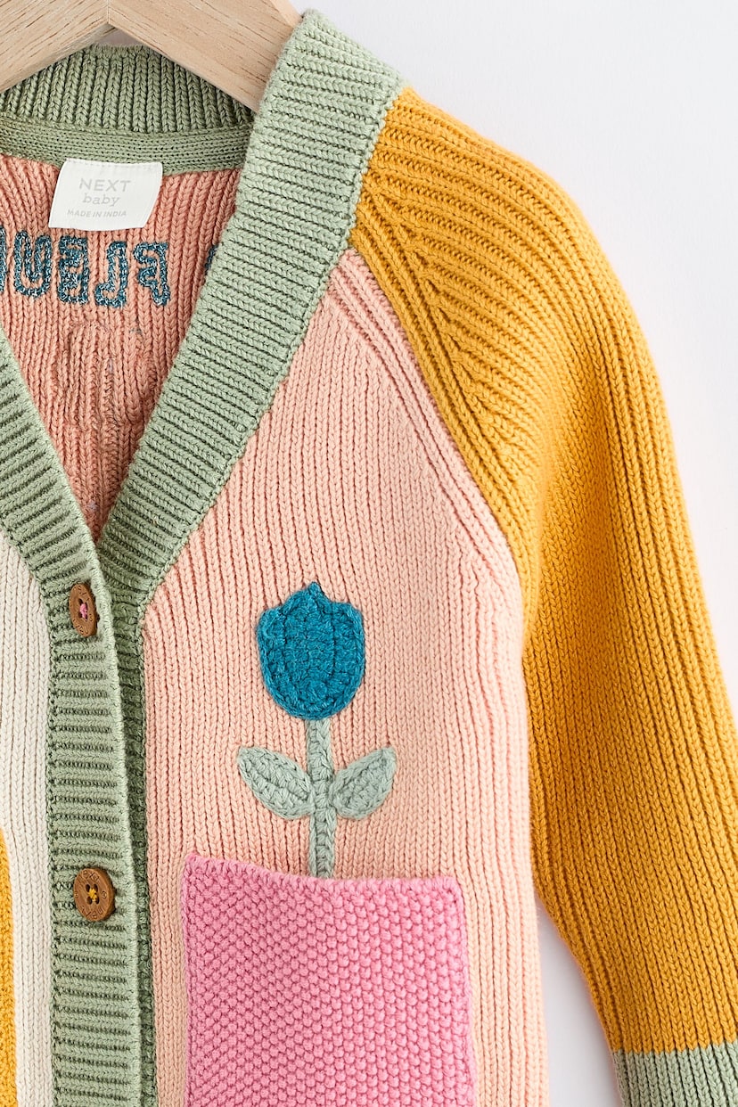 Pink/ Green/ Ochre Yellow Colourblock Baby Knitted Cardigan (0mths-3yrs) - Image 3 of 6