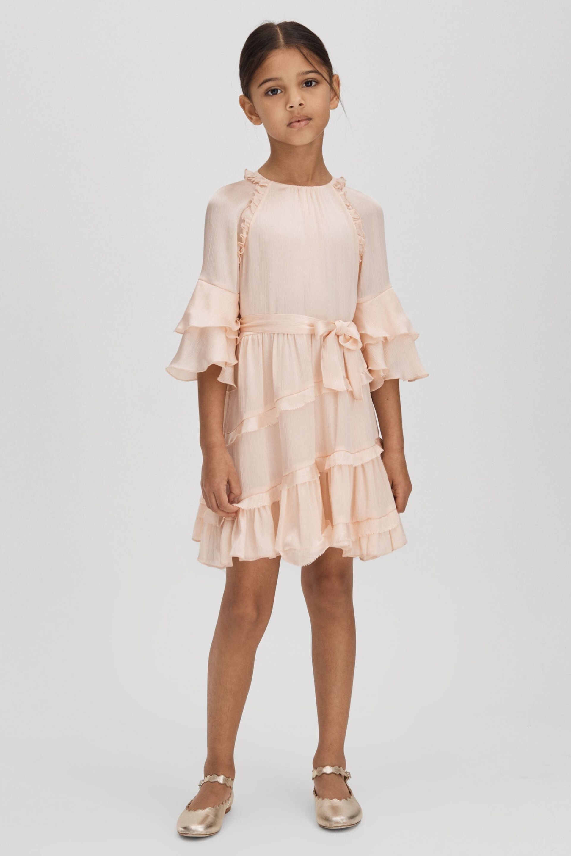 Reiss Pink Polly Senior Textured Satin Frilly Dress - Image 1 of 7