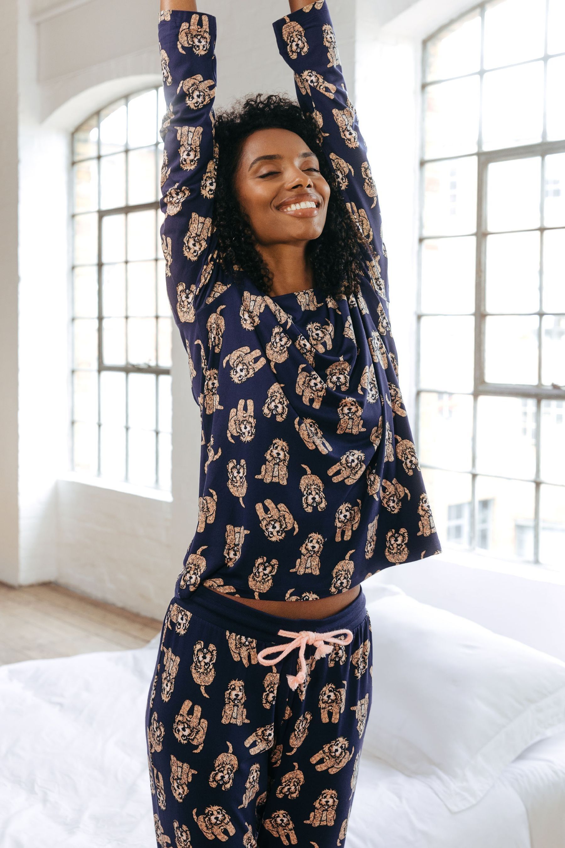 Buy Chelsea Peers Blue Cockapoo Print Crewneck Long Pyjama Set from the Next UK online shop
