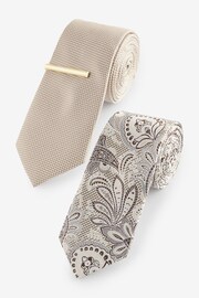 Neutral Brown Paisley Textured Tie And Clips 2 Pack - Image 1 of 7
