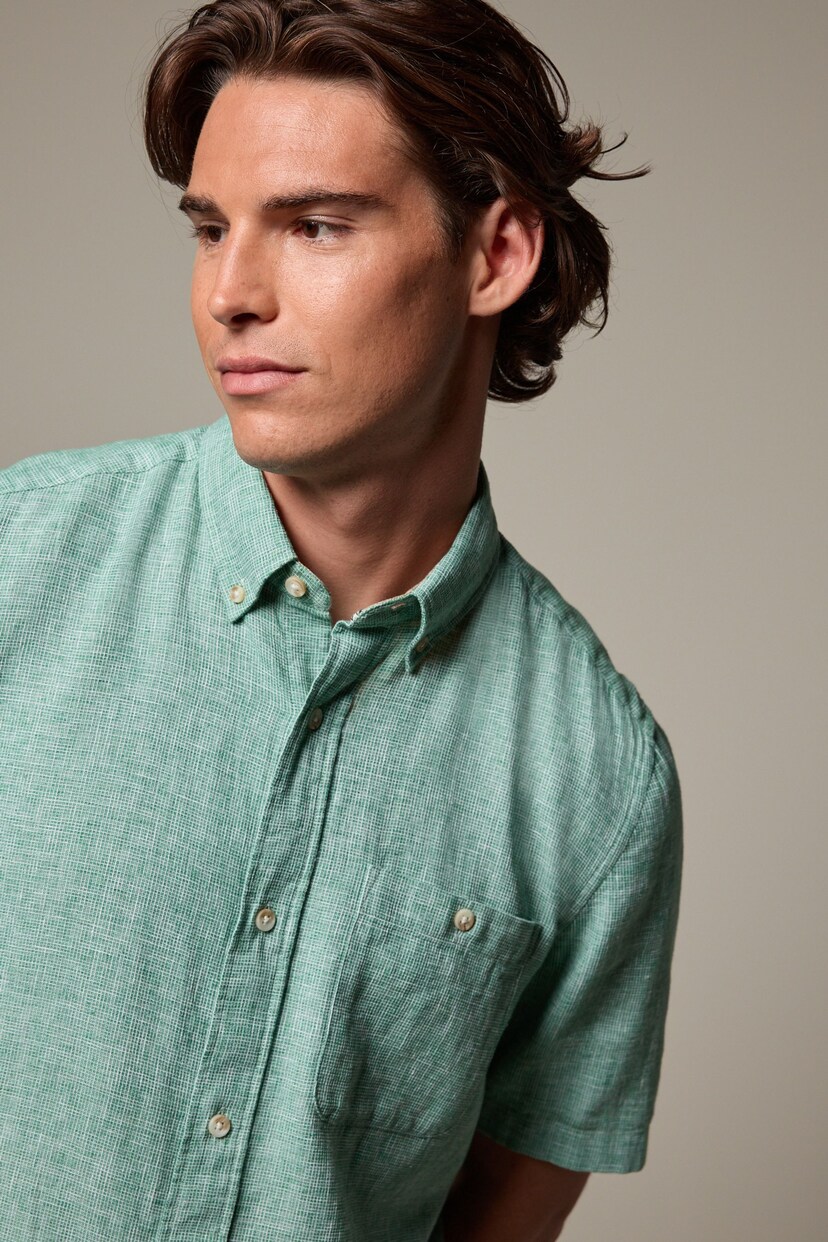 Mint Green Standard Collar Linen Blend Short Sleeve Shirt - Image 1 of 10