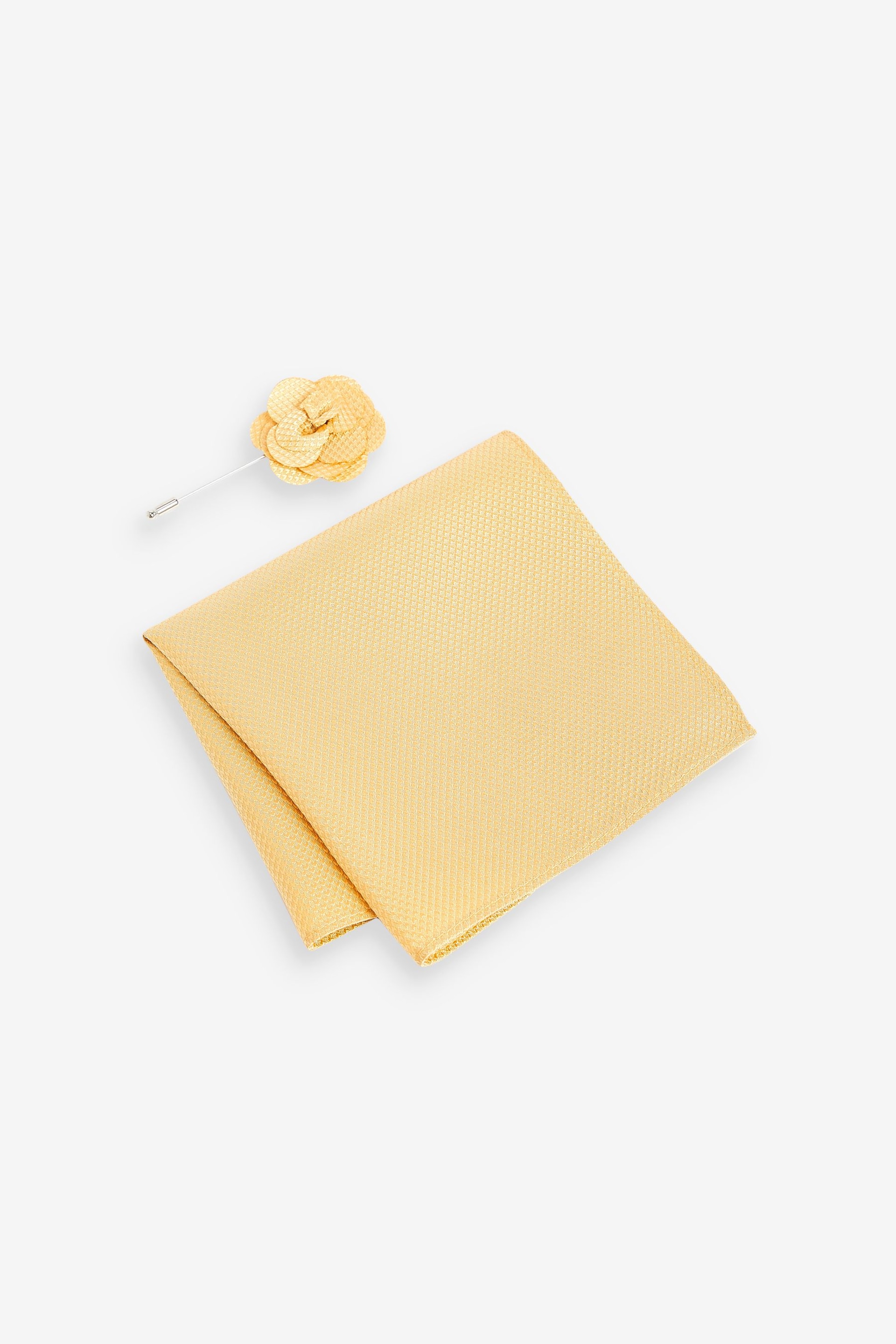 Yellow Textured Silk Lapel Pin And Pocket Square Set - Image 1 of 3