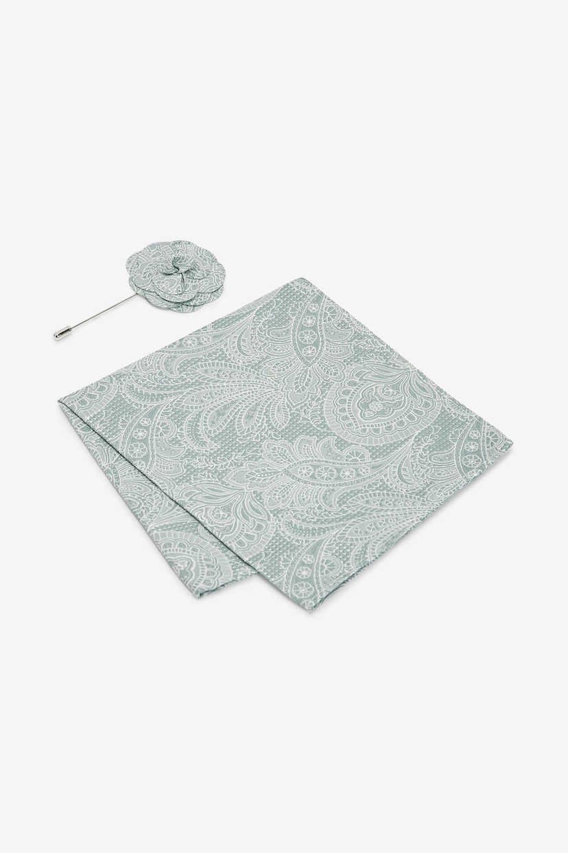 Sage Green Textured Paisley Tie, Pocket Square And Pin Set - Image 6 of 7