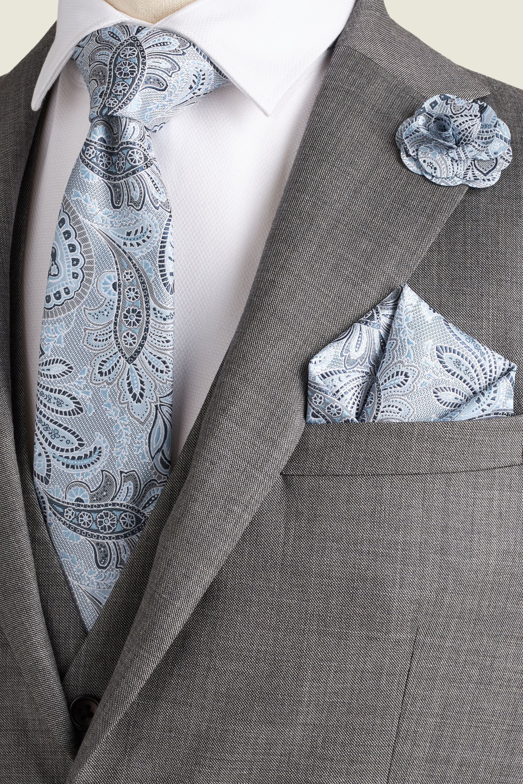 Light Blue Textured Paisley Tie Pocket Square And Pin Set