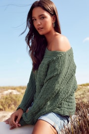 Green Knitted Long Sleeve Off The Shoulder Top - Image 1 of 6