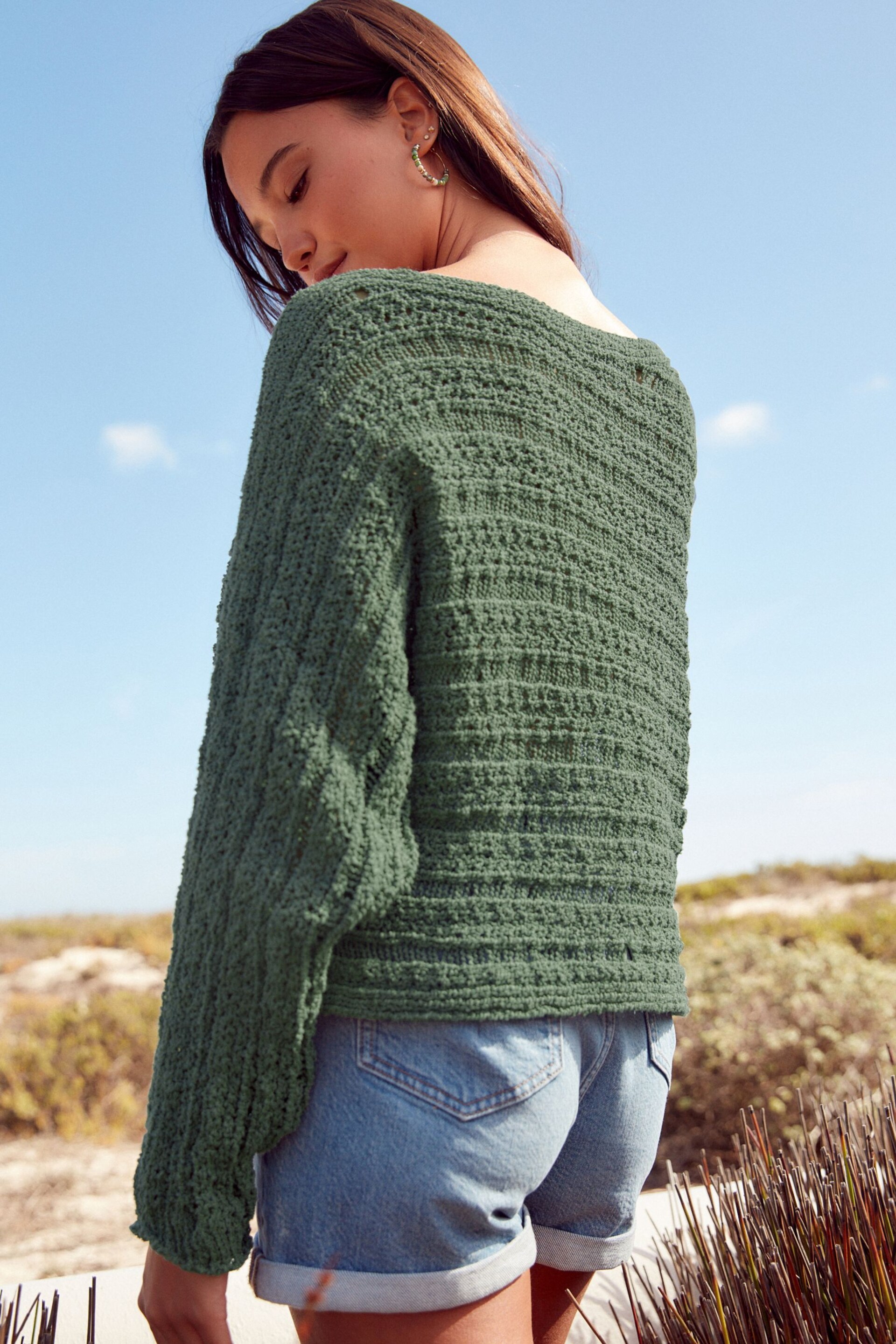 Green Knitted Long Sleeve Off The Shoulder Top - Image 3 of 6