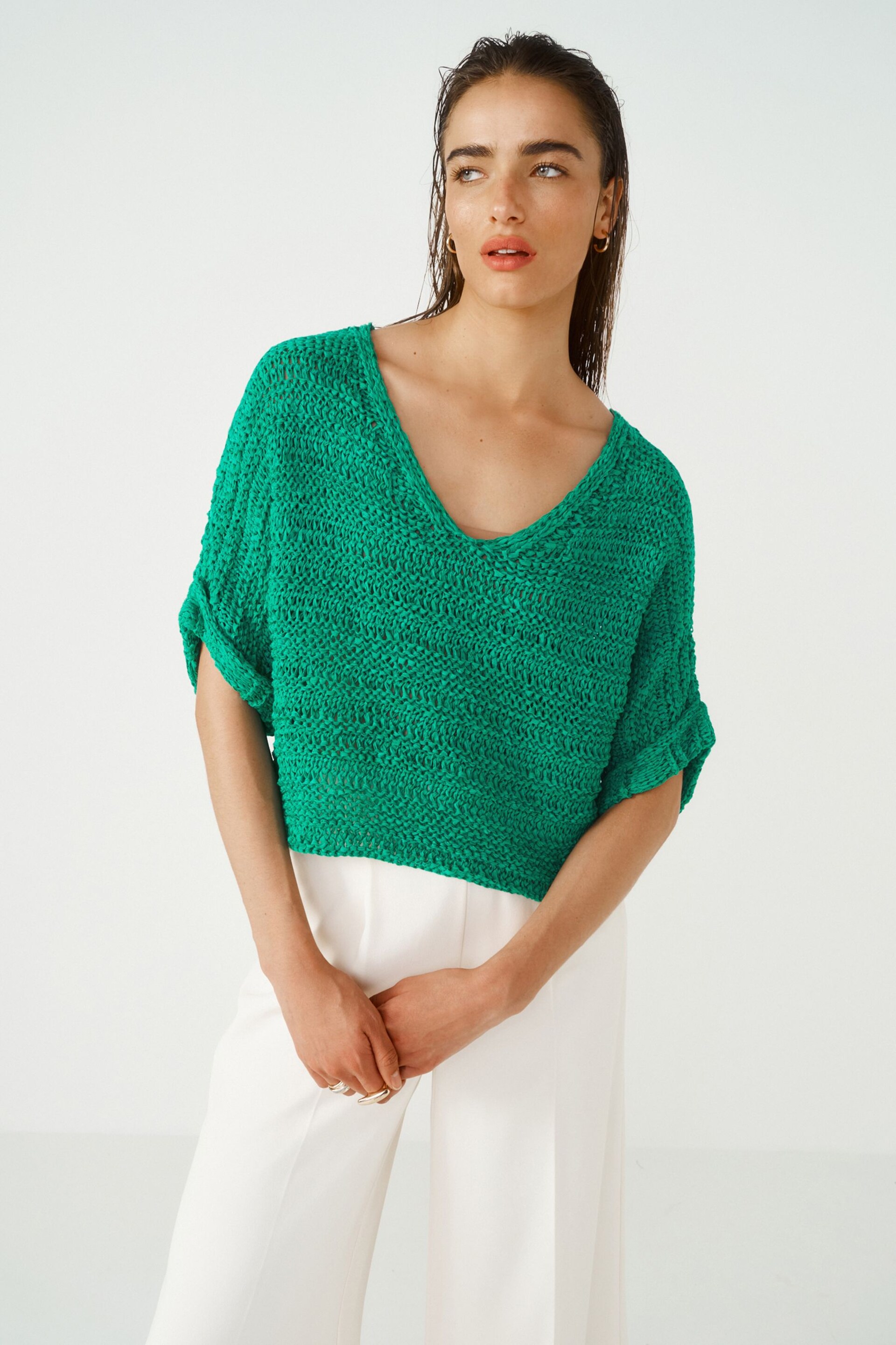 Green Short Sleeve Stitch Top - Image 1 of 5