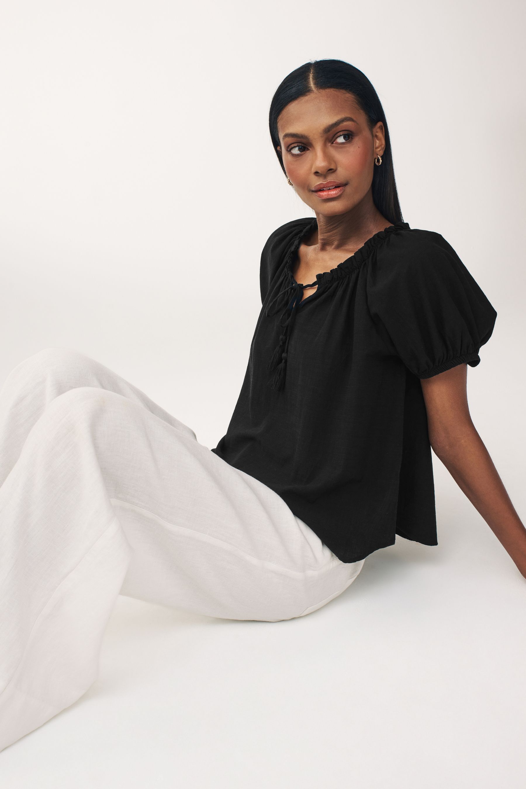 Buy Black Short Sleeve Tie Neck Bardot Blouse from the Next UK online shop