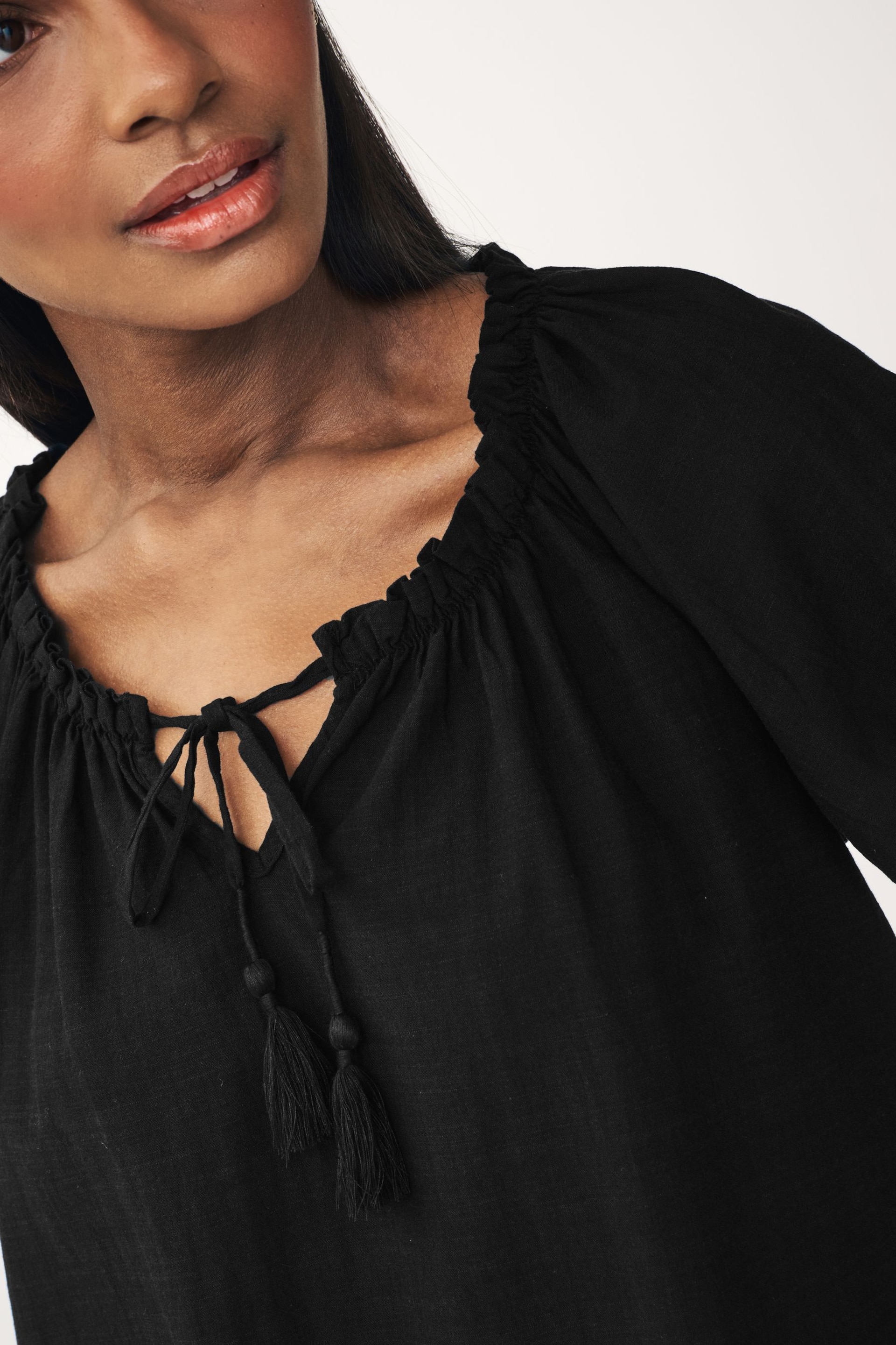 Black Short Sleeve Tie Neck Bardot Blouse - Image 5 of 7