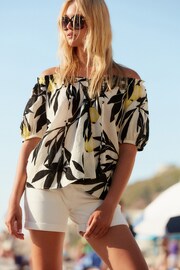 Ecru Lemon Short Sleeve Tie Neck Bardot Blouse - Image 1 of 6