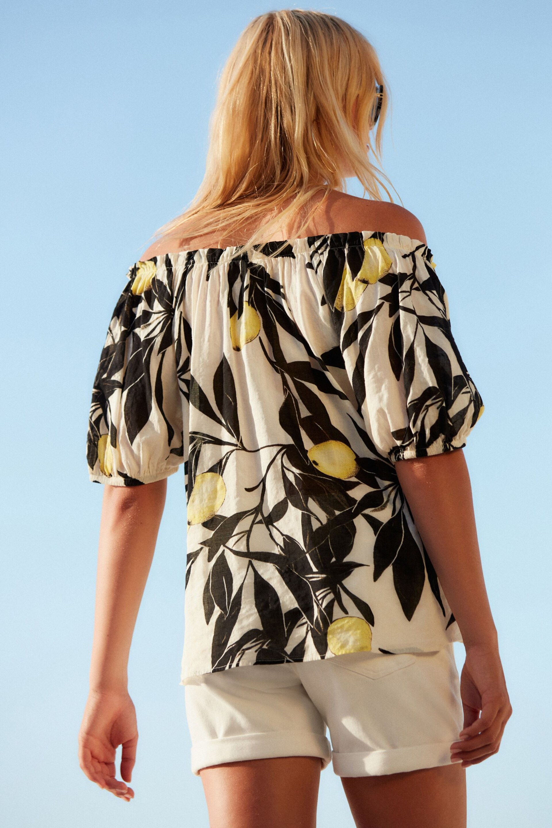 Ecru Lemon Short Sleeve Tie Neck Bardot Blouse - Image 3 of 6