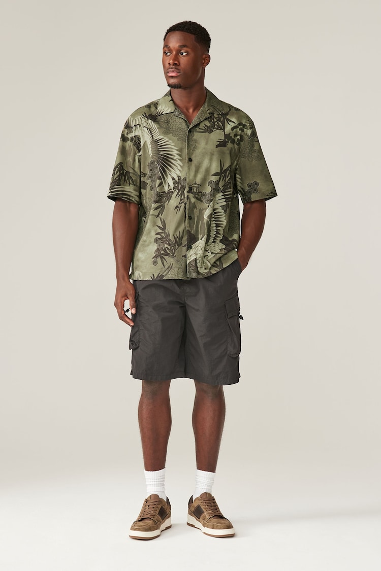 Khaki Green Printed Short Sleeve Shirt With Cuban Collar - Image 2 of 8