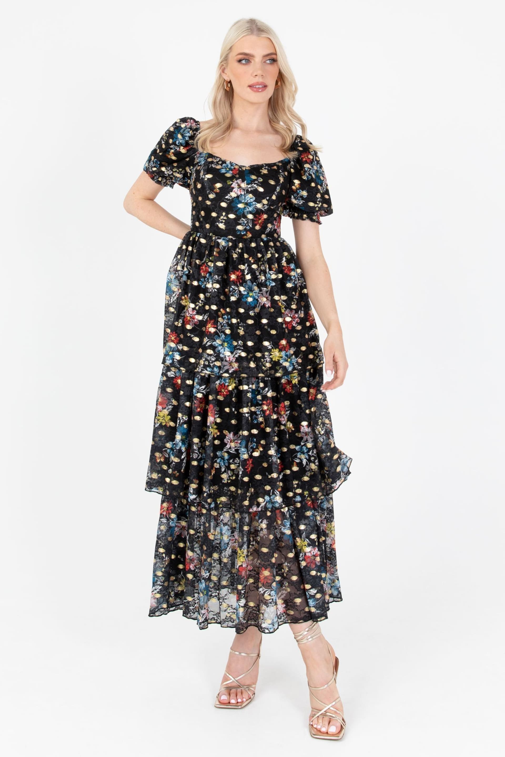 Lovedrobe Blue Foil Printed Lace Tiered Hem Midaxi Dress - Image 1 of 5