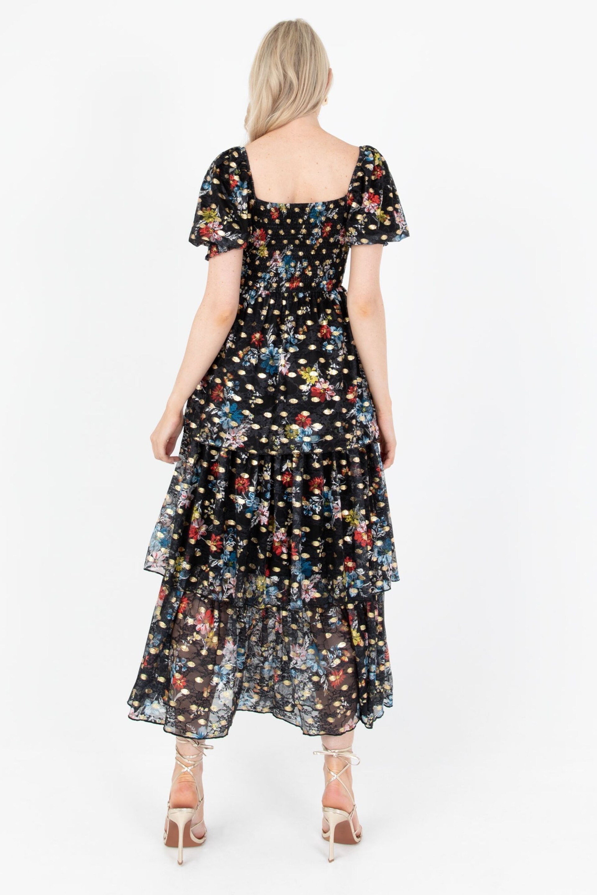 Lovedrobe Blue Foil Printed Lace Tiered Hem Midaxi Dress - Image 3 of 5