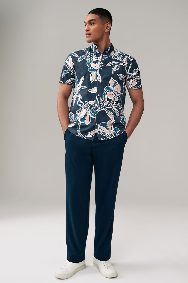 Navy/Stone Printed Floral Short Sleeve Shirt - Image 2 of 8