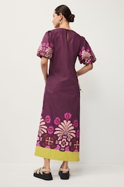 Wine Red Floral Placement Ruched Side Puff Sleeve Midi Dress - Image 2 of 5