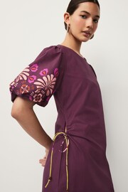 Wine Red Floral Placement Ruched Side Puff Sleeve Midi Dress - Image 3 of 5