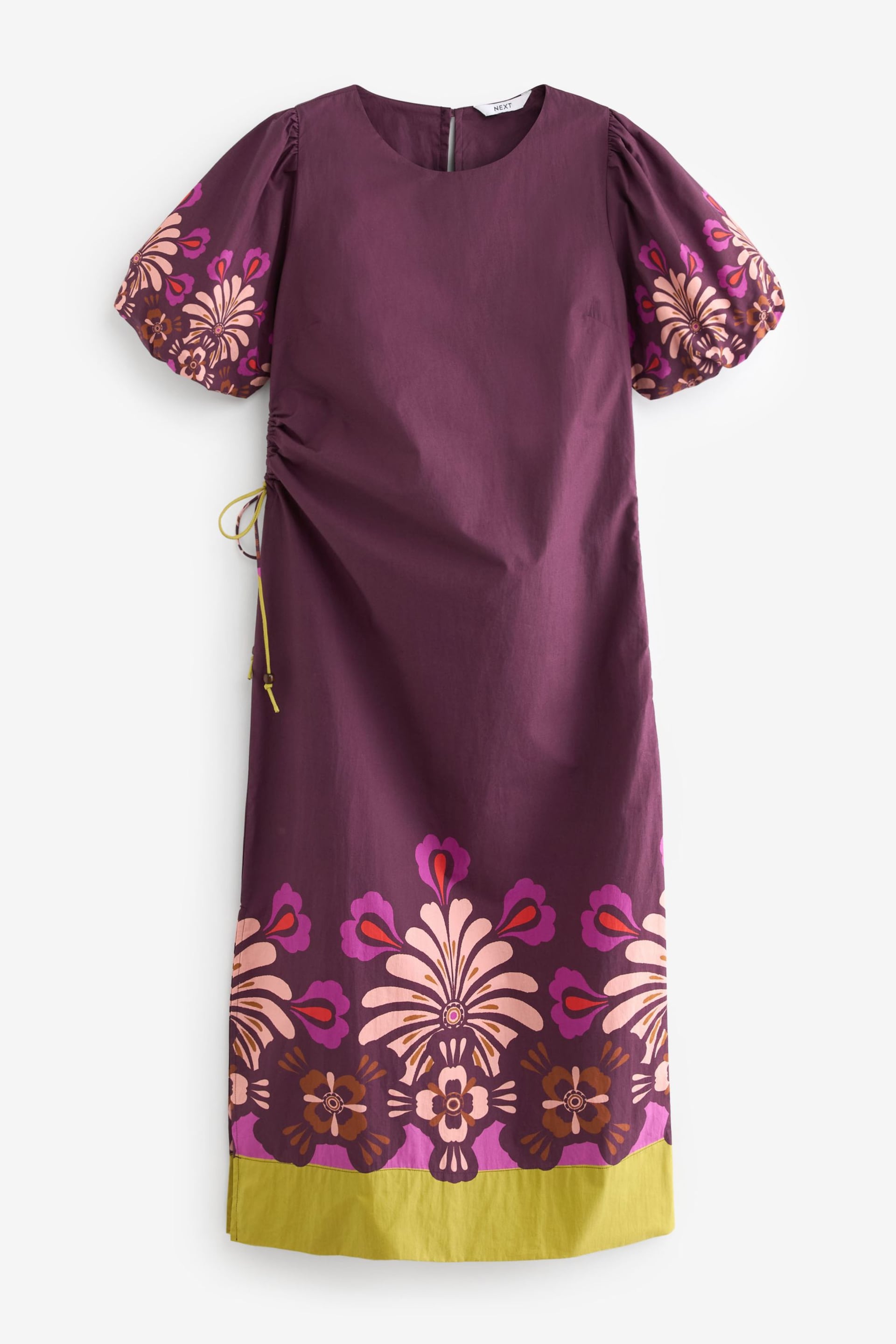 Wine Red Floral Placement Ruched Side Puff Sleeve Midi Dress - Image 4 of 5