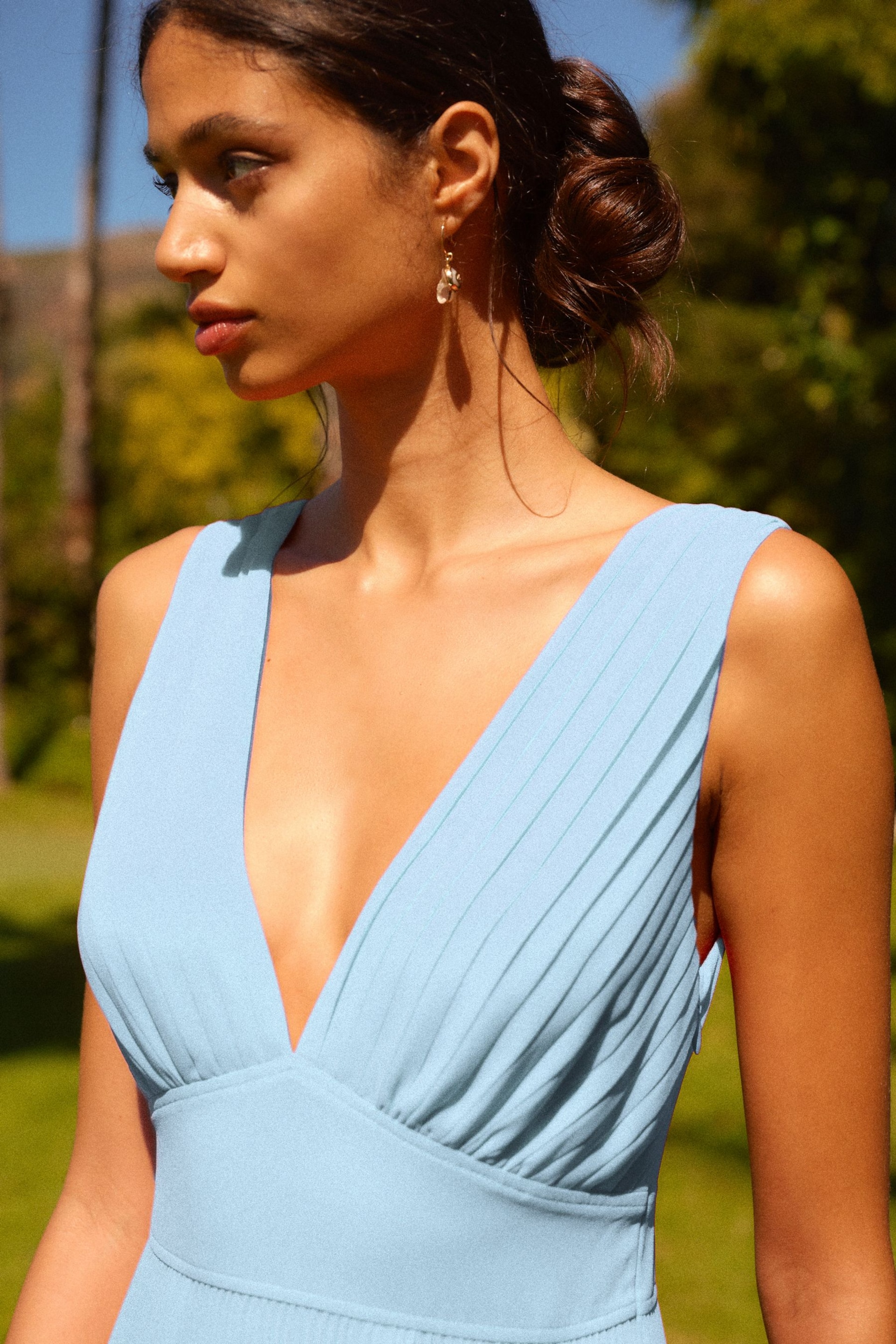 Light Blue Sleeveless V-Neck Plisse Tiered Maxi Dress - Image 4 of 6