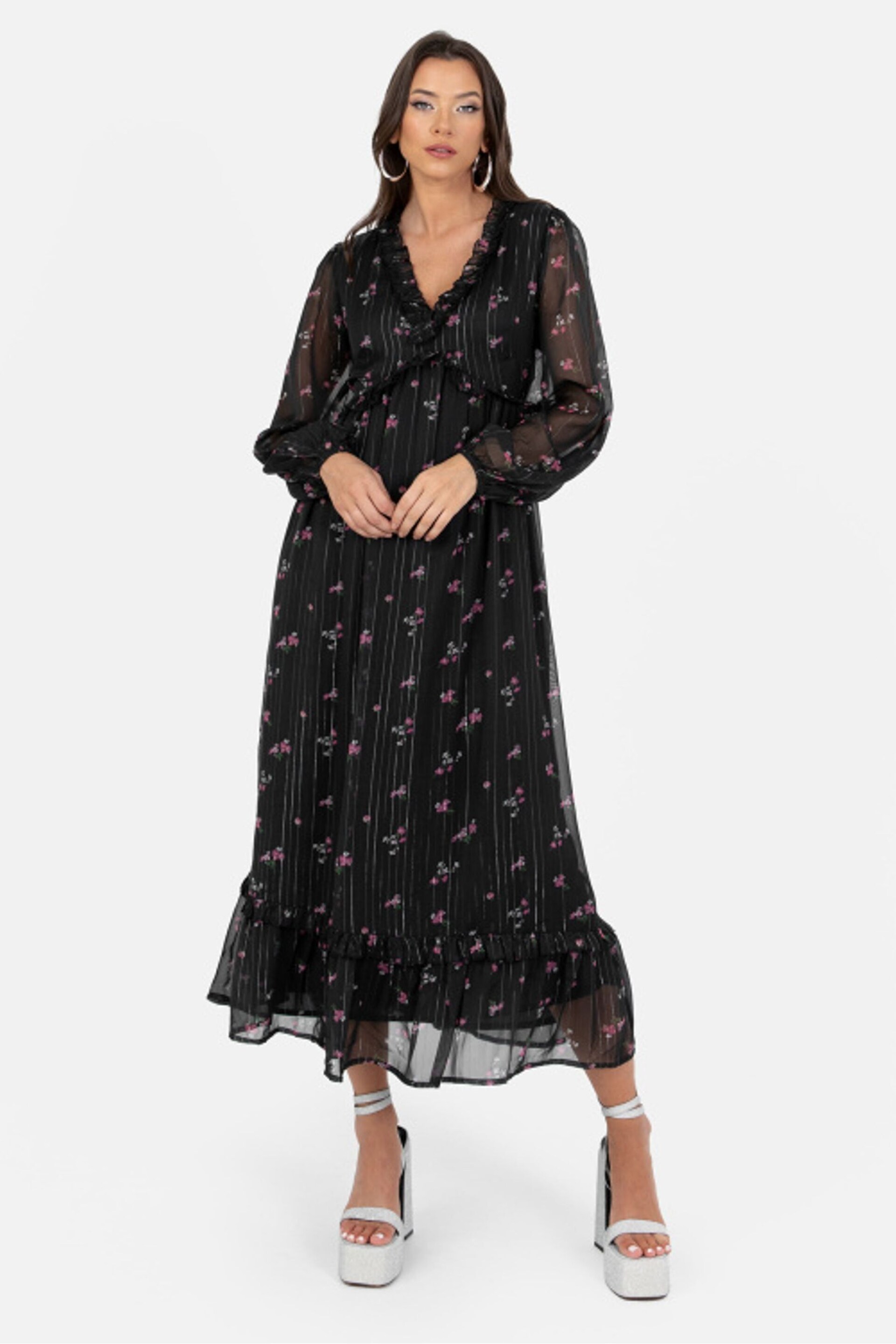 Lovedrobe Print Floral Frill Detail Black Midaxi Dress - Image 1 of 3