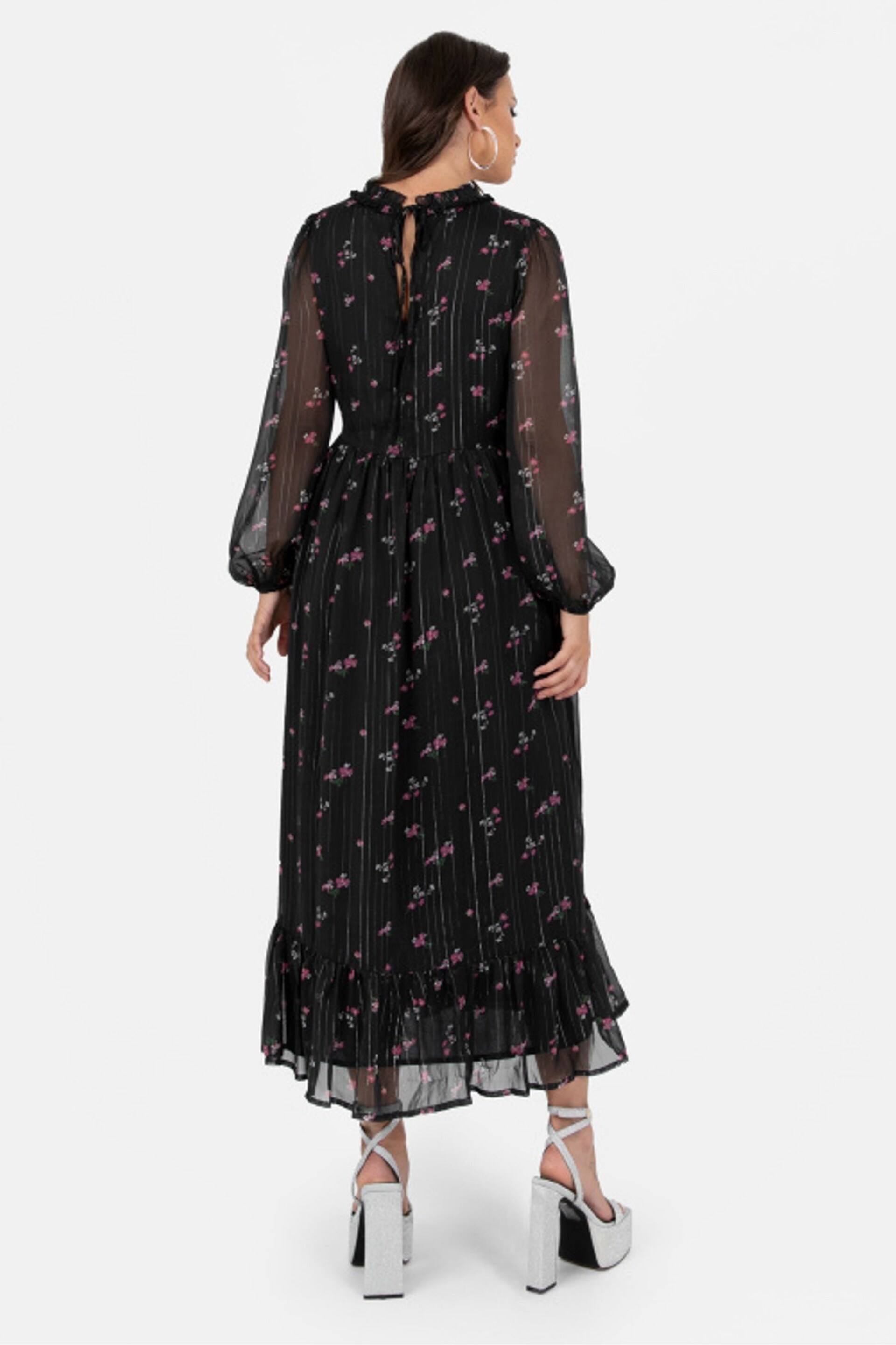 Lovedrobe Print Floral Frill Detail Black Midaxi Dress - Image 2 of 3
