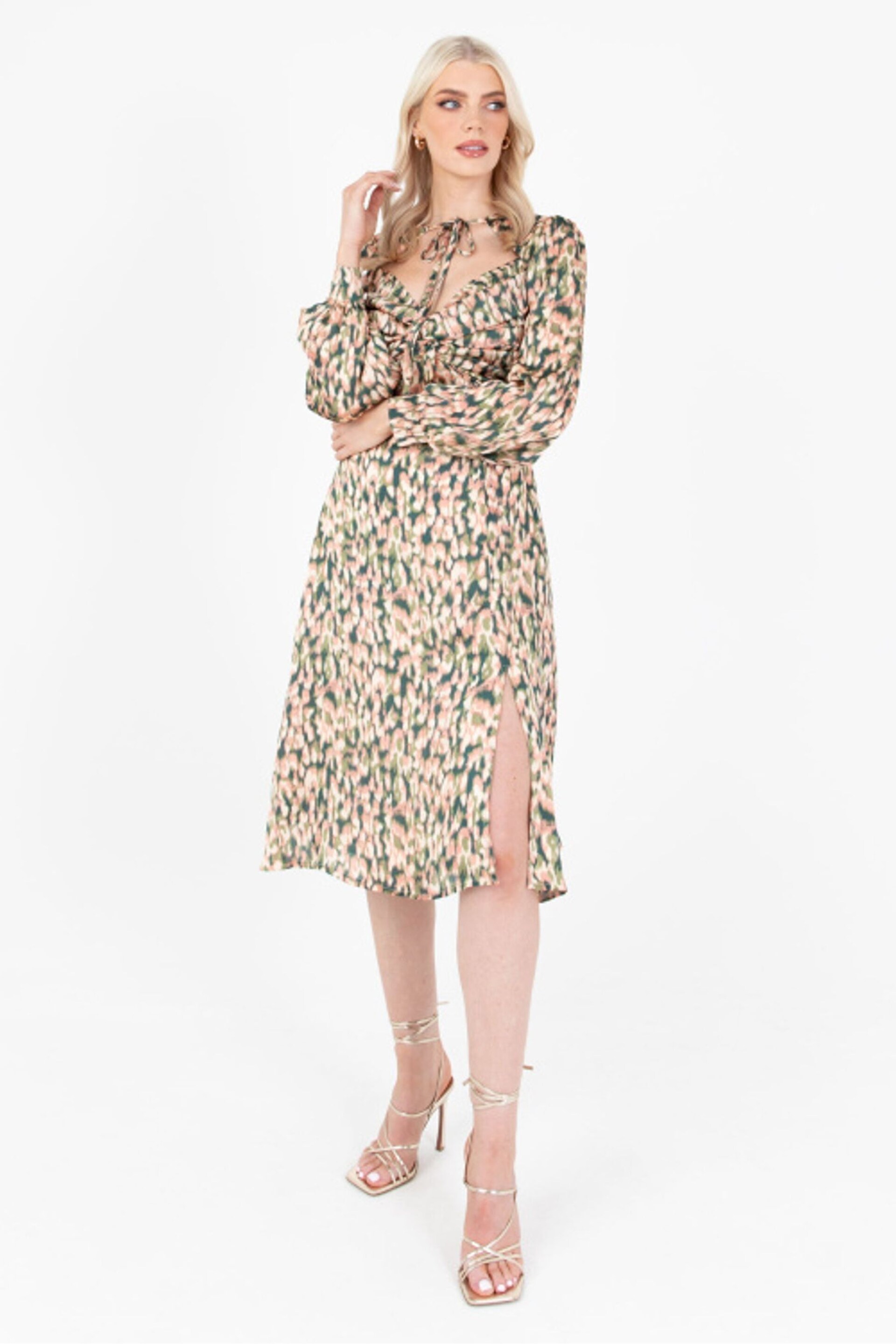 Lovedrobe Green Printed Twist Front Tie Neck Satin Midi Dress - Image 1 of 5