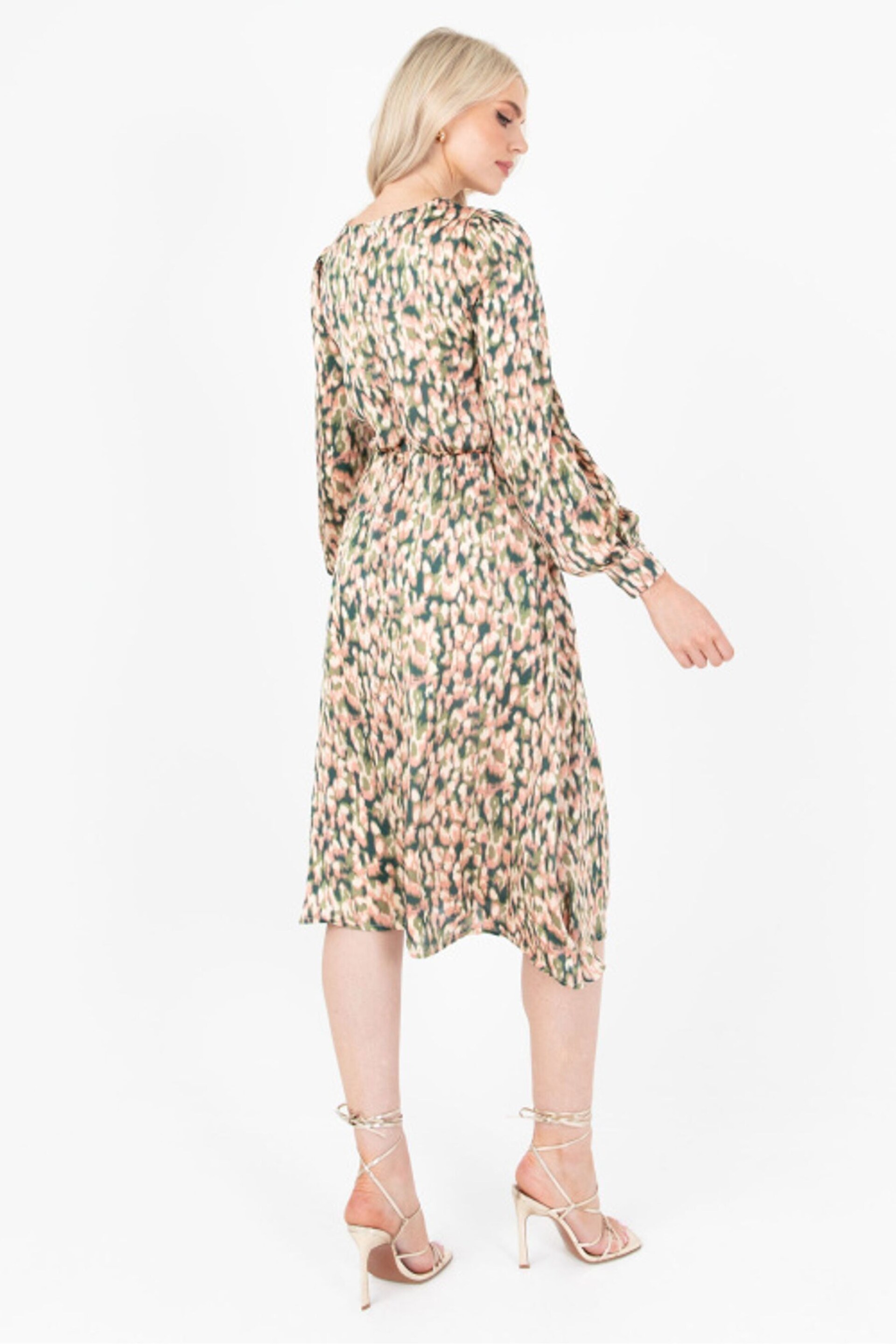 Lovedrobe Green Printed Twist Front Tie Neck Satin Midi Dress - Image 2 of 5