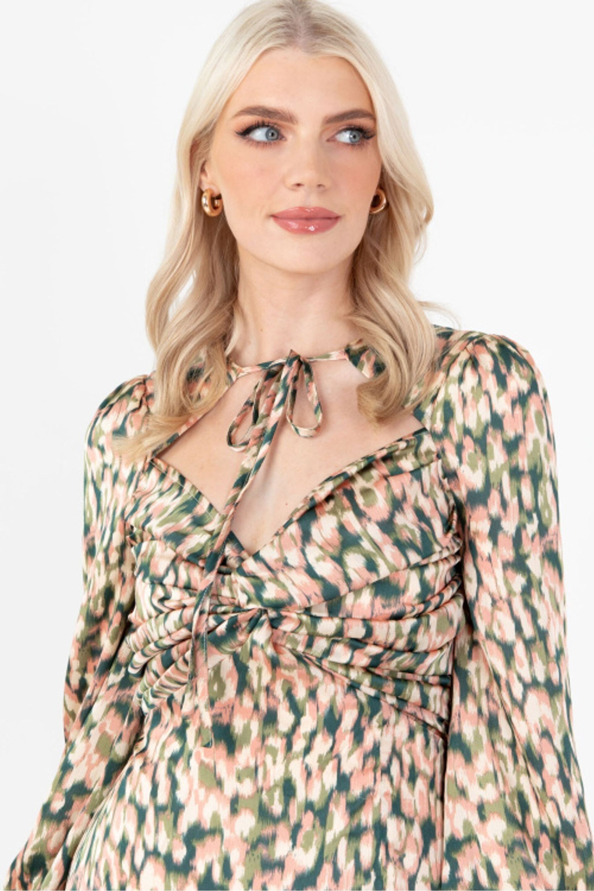 Lovedrobe Green Printed Twist Front Tie Neck Satin Midi Dress - Image 3 of 5