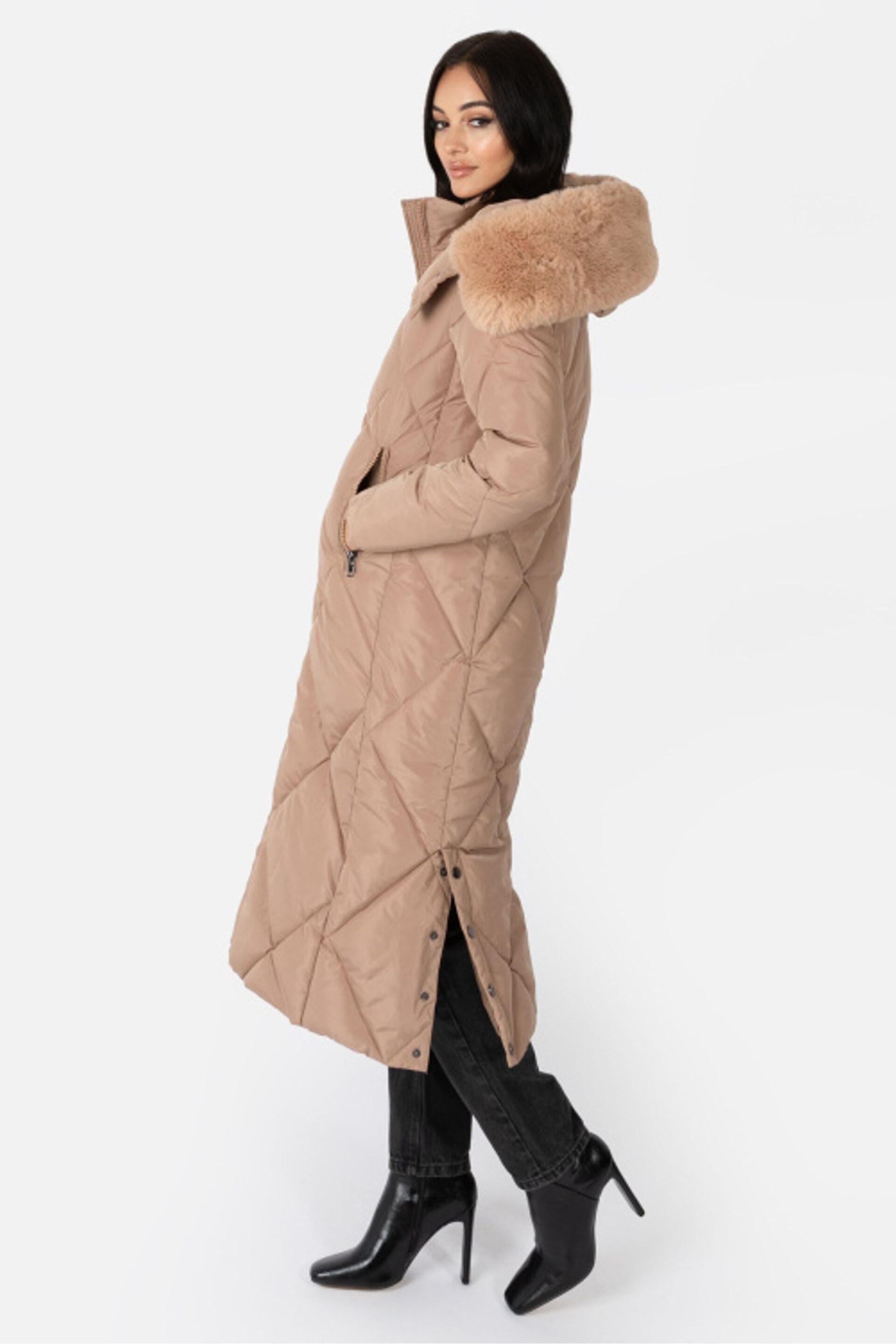 Longline Padded Coat with Faux Fur Trim Removable Hood - Image 3 of 6