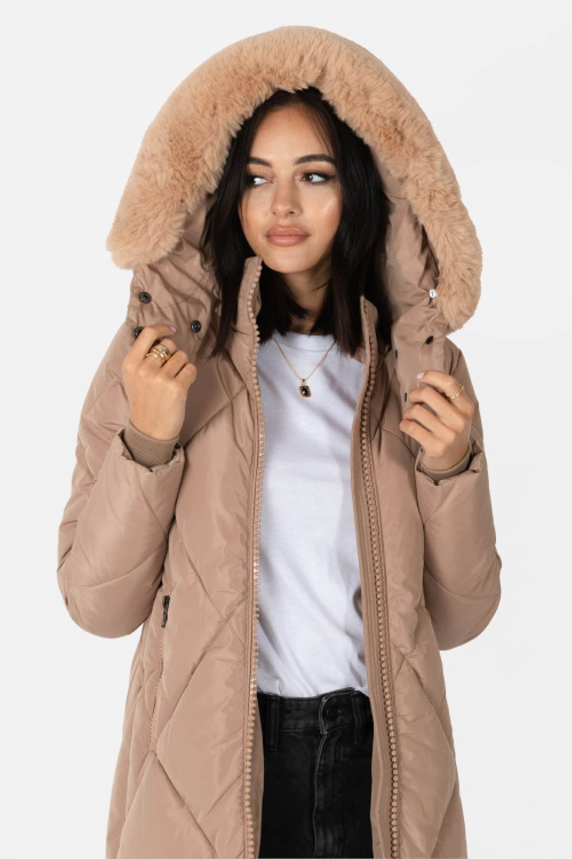 Longline Padded Coat with Faux Fur Trim Removable Hood - Image 4 of 6