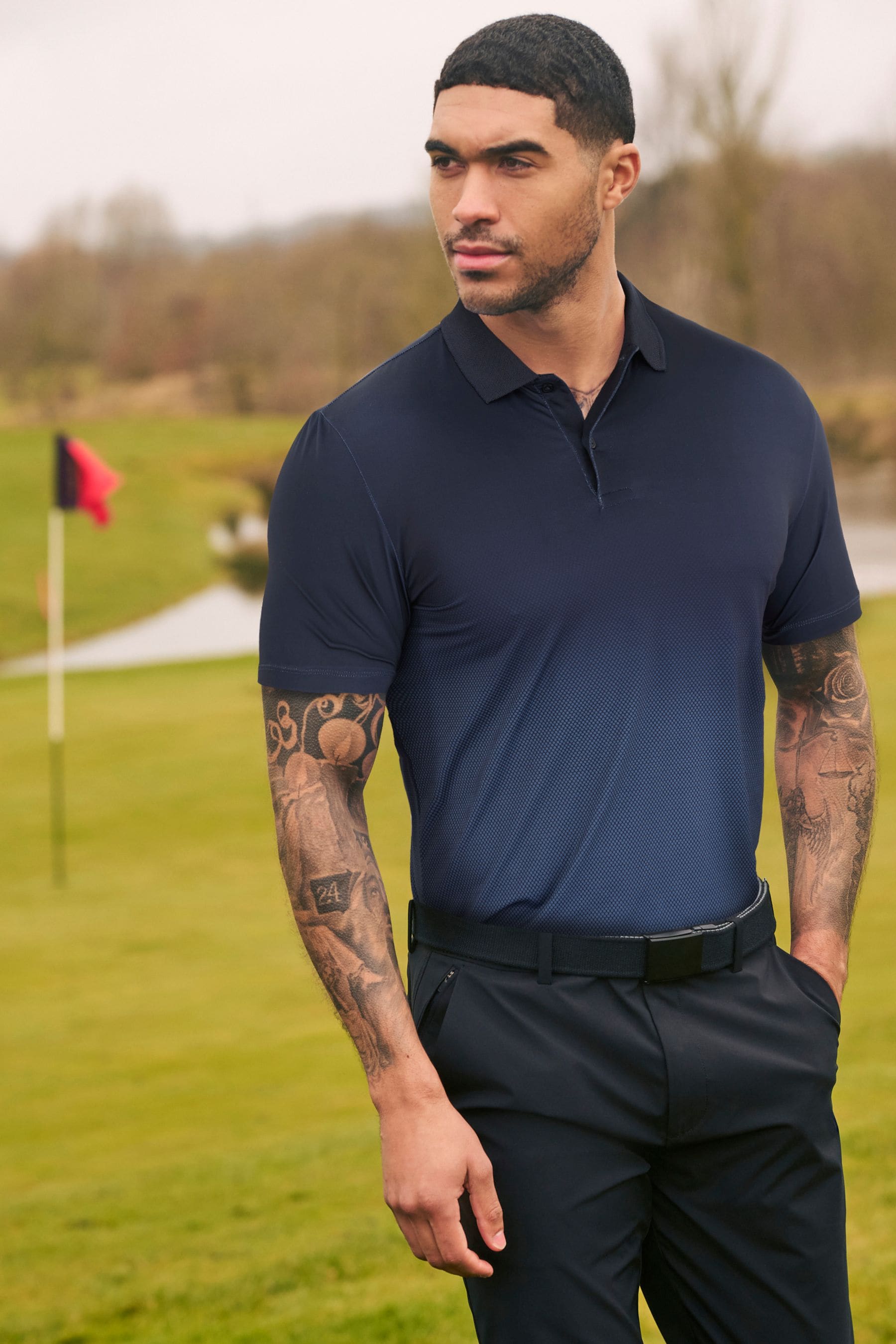 Navy Grey Active Print Golf Polo Shirt