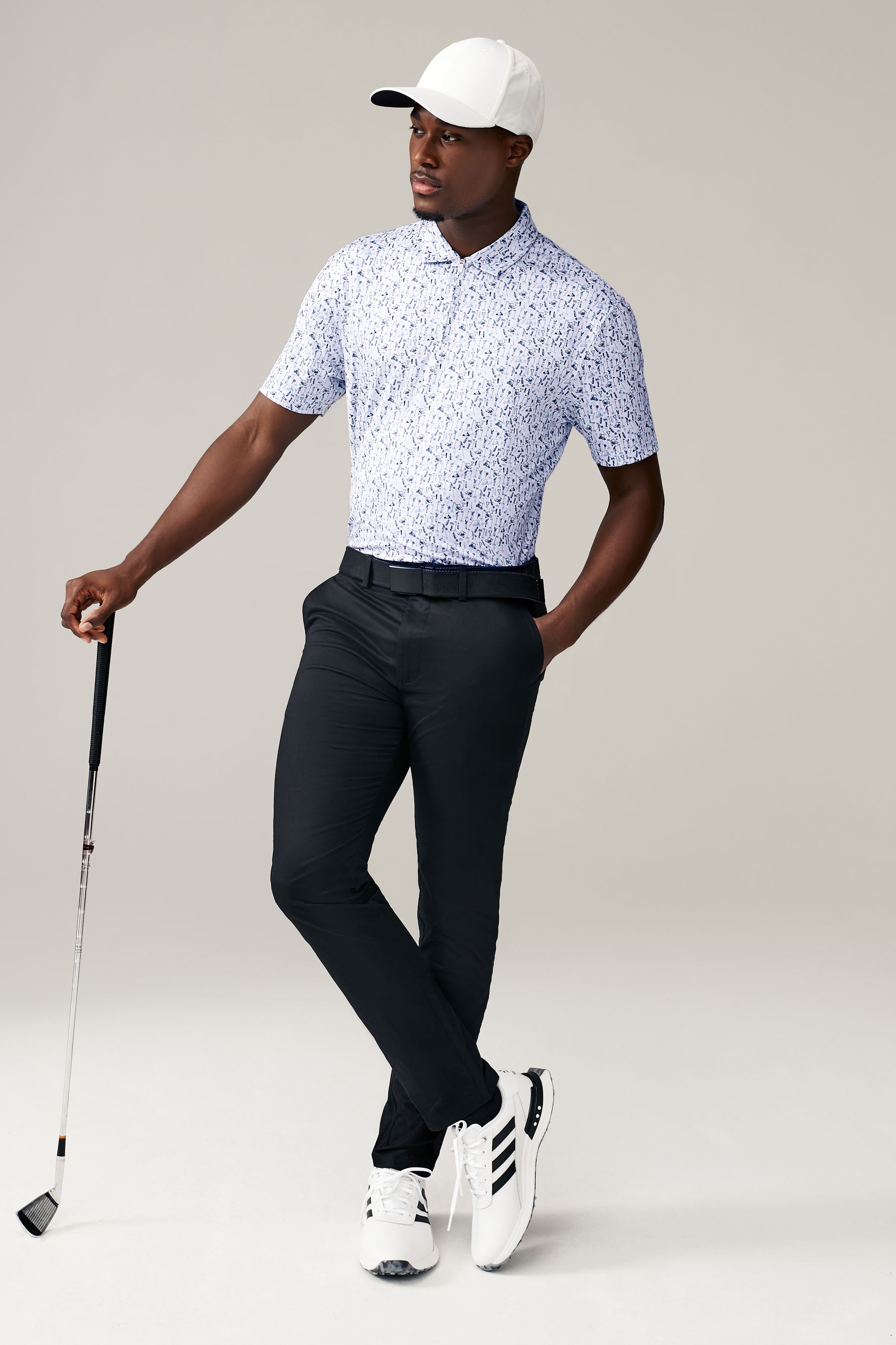 White Blue Print Golf Polo Shirt