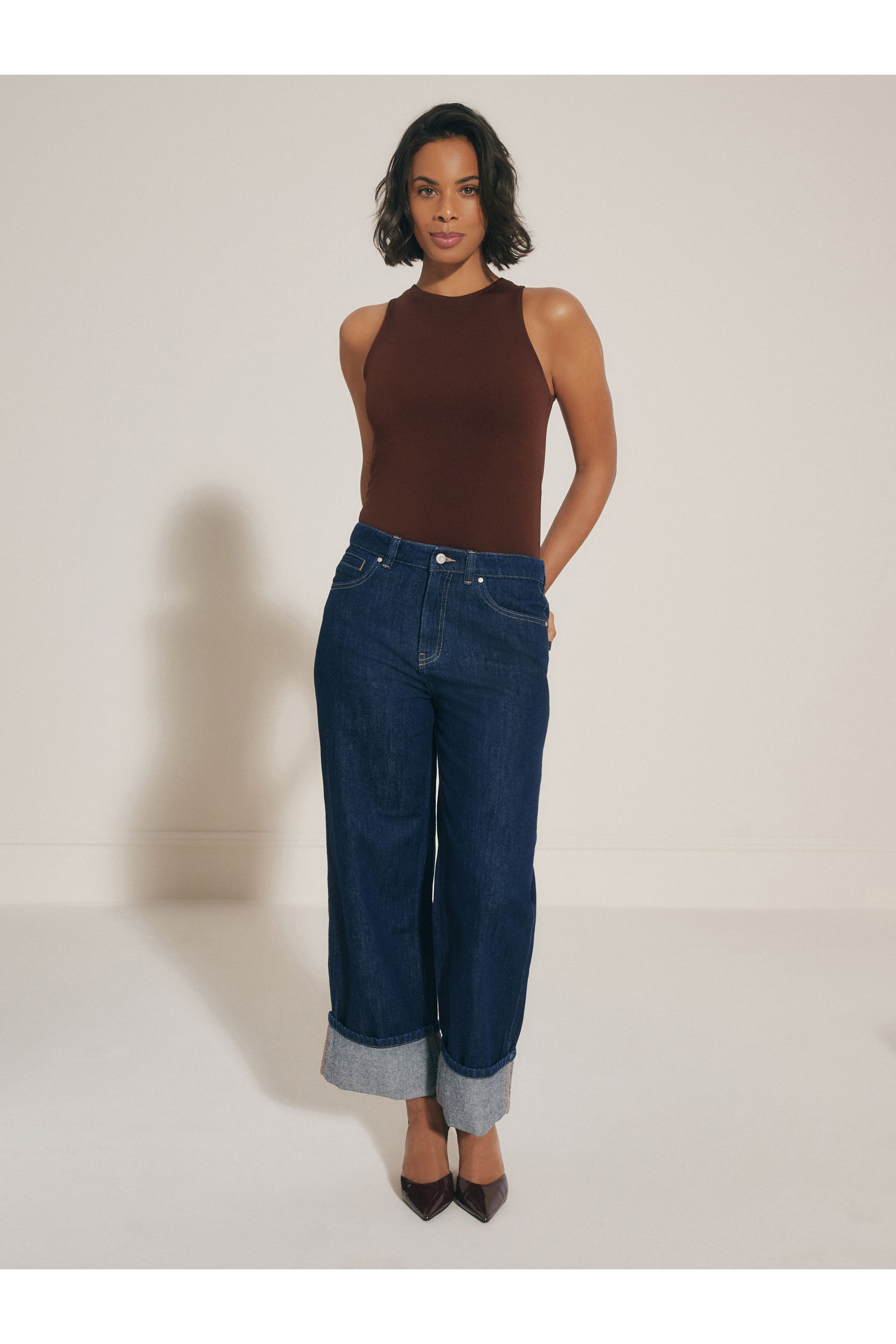 Rinse Blue Cropped Turn Up Wide Leg 100 Cotton Jeans