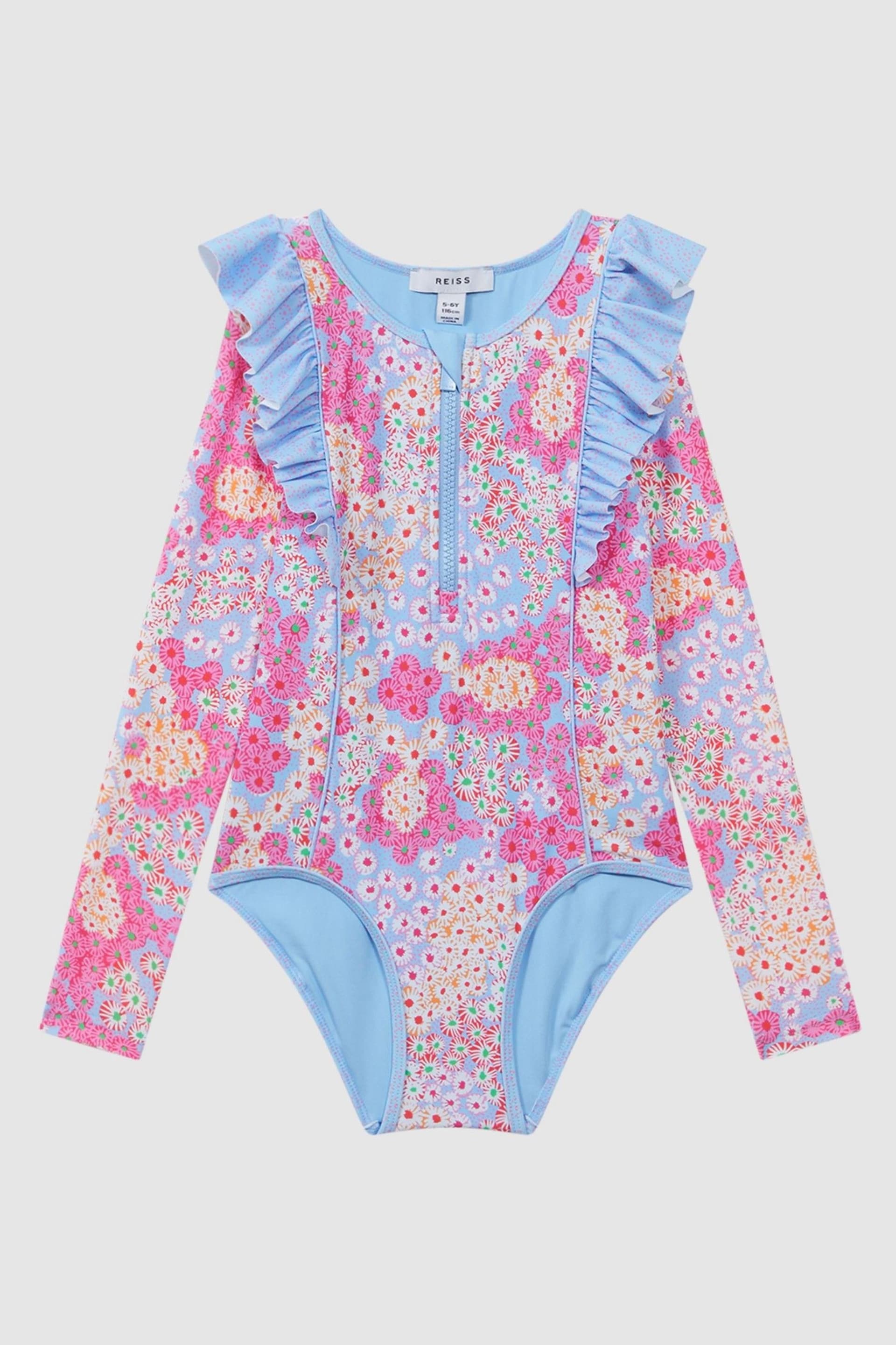 Reiss Pink Poppy Senior Floral Print Ruffle Long Sleeve Swimsuit - Image 2 of 6