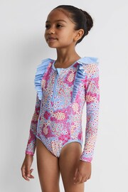 Reiss Pink Poppy Senior Floral Print Ruffle Long Sleeve Swimsuit - Image 3 of 6